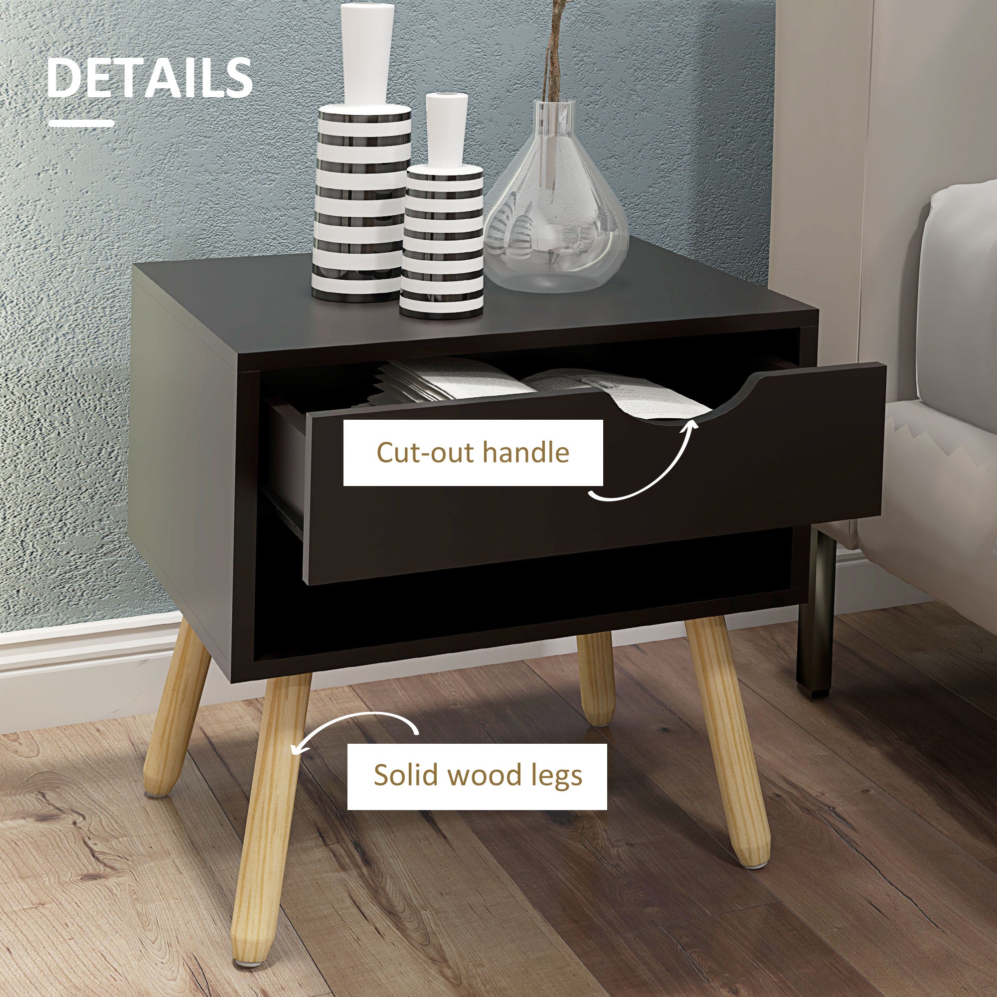 Set of 2 Nightstands with Storage Drawer and Shelf, Modern Bedside Table for Bedroom, Black
