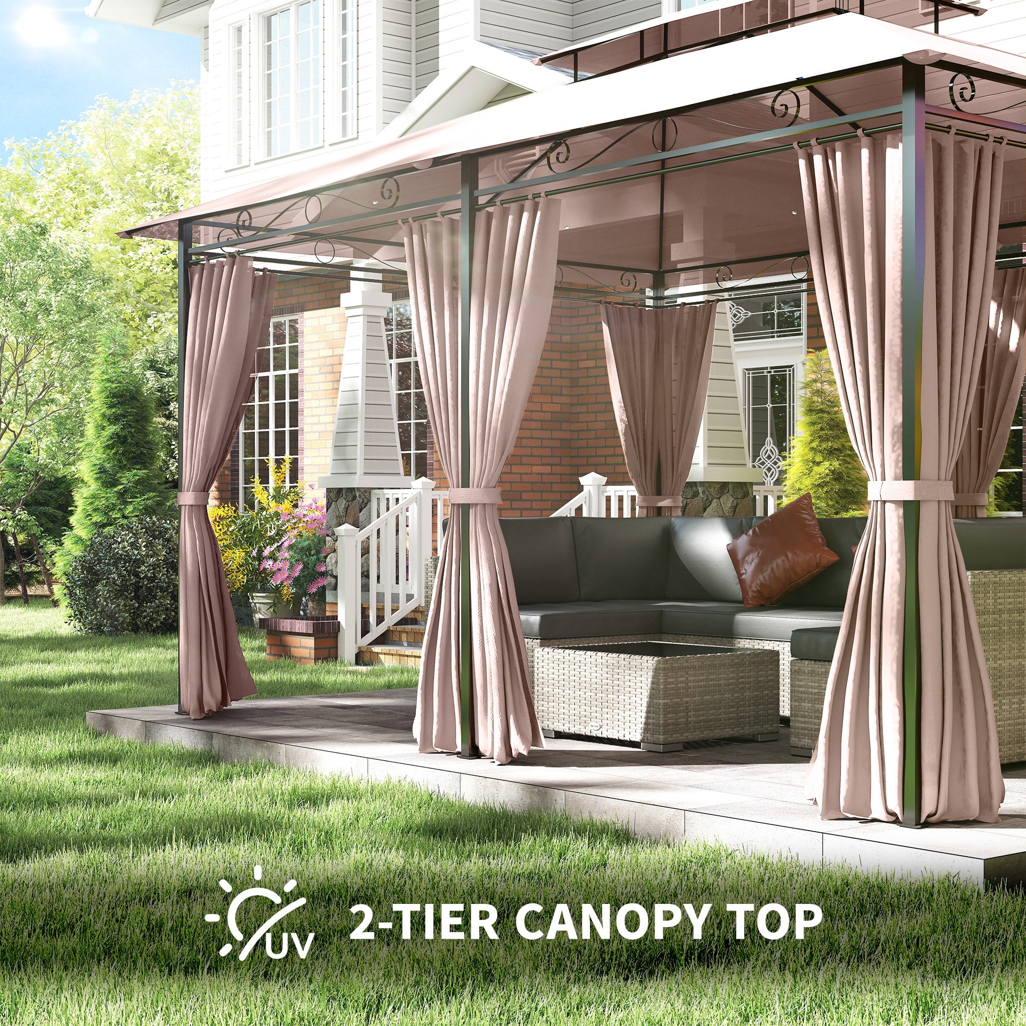 10' x 13' Patio Gazebo, Outdoor 2-Tiers Garden Canopy Yard Sunshade Shelter with Curtains, Khaki