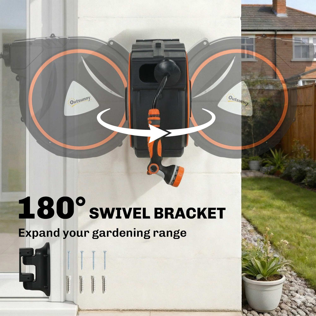 Retractable Garden Hose Reel, 1/2" x 59ft Wall Mounted Hose Reel with 12-Pattern Nozzles, Auto Retraction, Self-Locking