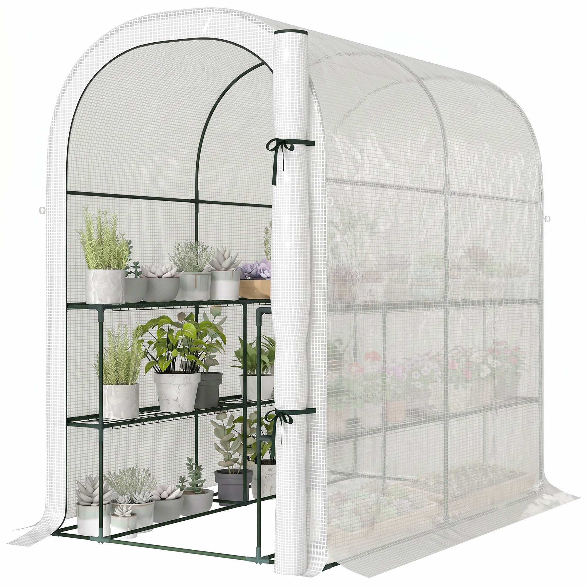 Walk-in Mini Greenhouse with Shelves, Portable Outdoor Greenhouse with Roll-up Door, 123 x 187 x 189 cm, White