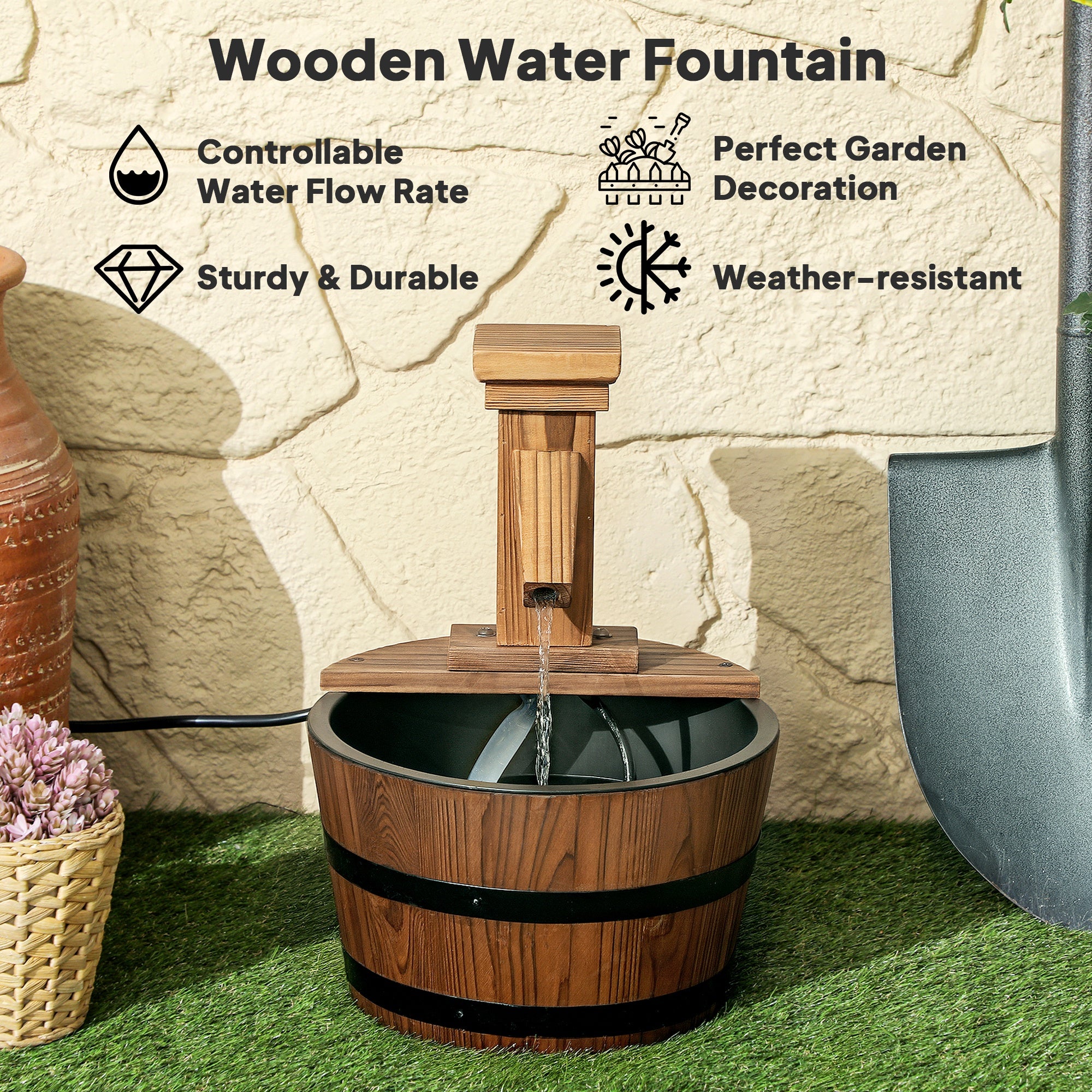 Outdoor Waterfall Fountain, Garden Wood Barrel, Carbonized
