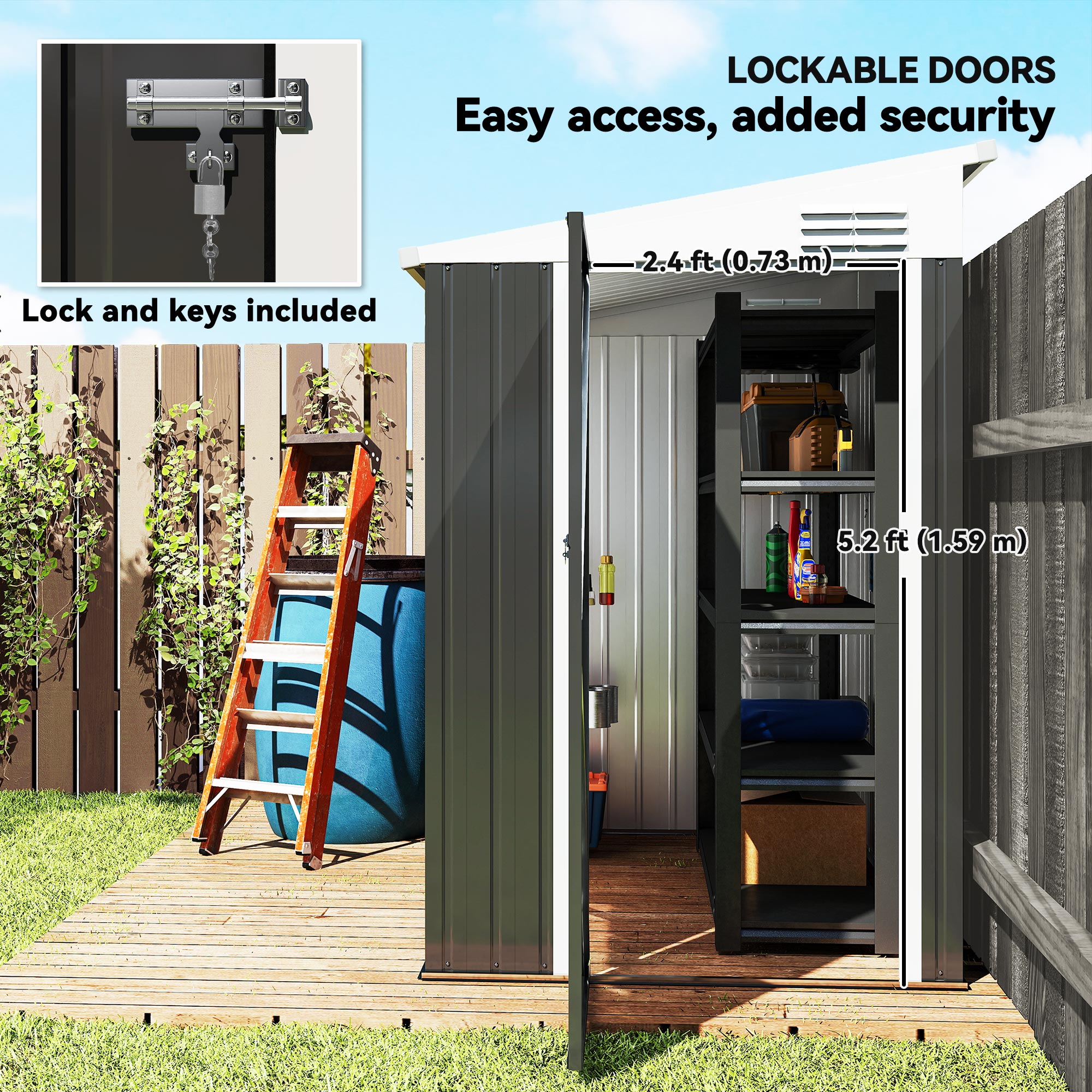 4' x 6' Outdoor Storage Shed Lean to Shed Outdoor Metal Tool Shed with Lockable Door and Air Vents, Dark Grey
