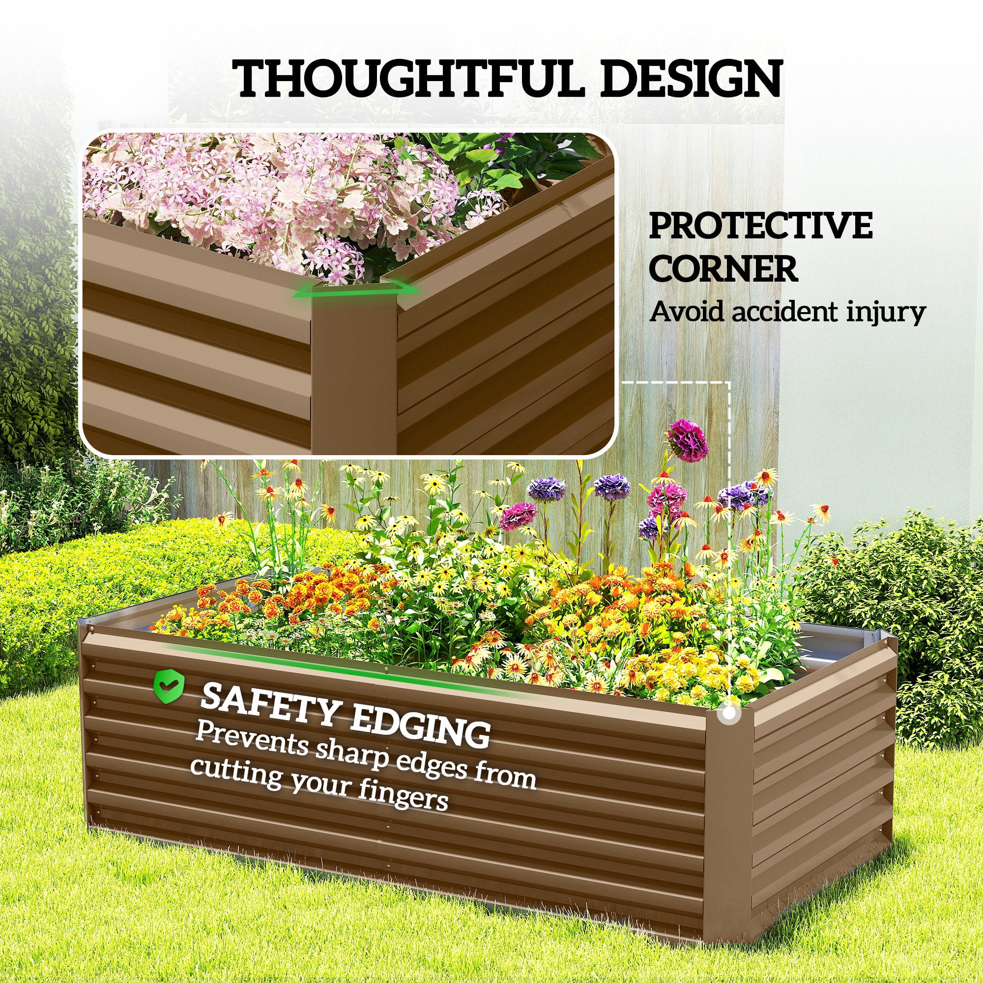 6' x 3' x 2' Raised Garden Bed, Galvanized Planter Box for Growing Flowers, Herbs and Vegetables, Brown