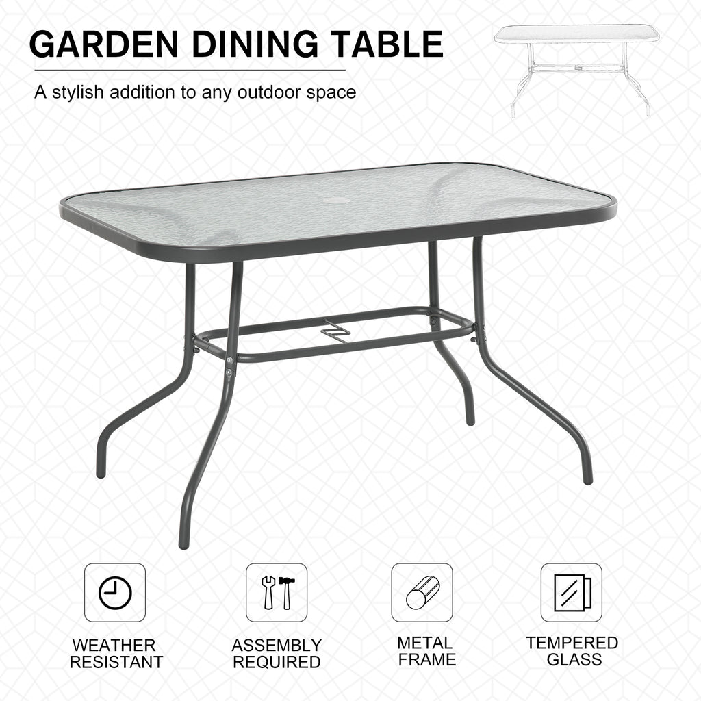 Metal Garden Dining Table with Umbrella Hole, Outdoor Patio Table with Tempered Glass Top, 47.25" x 31.5"