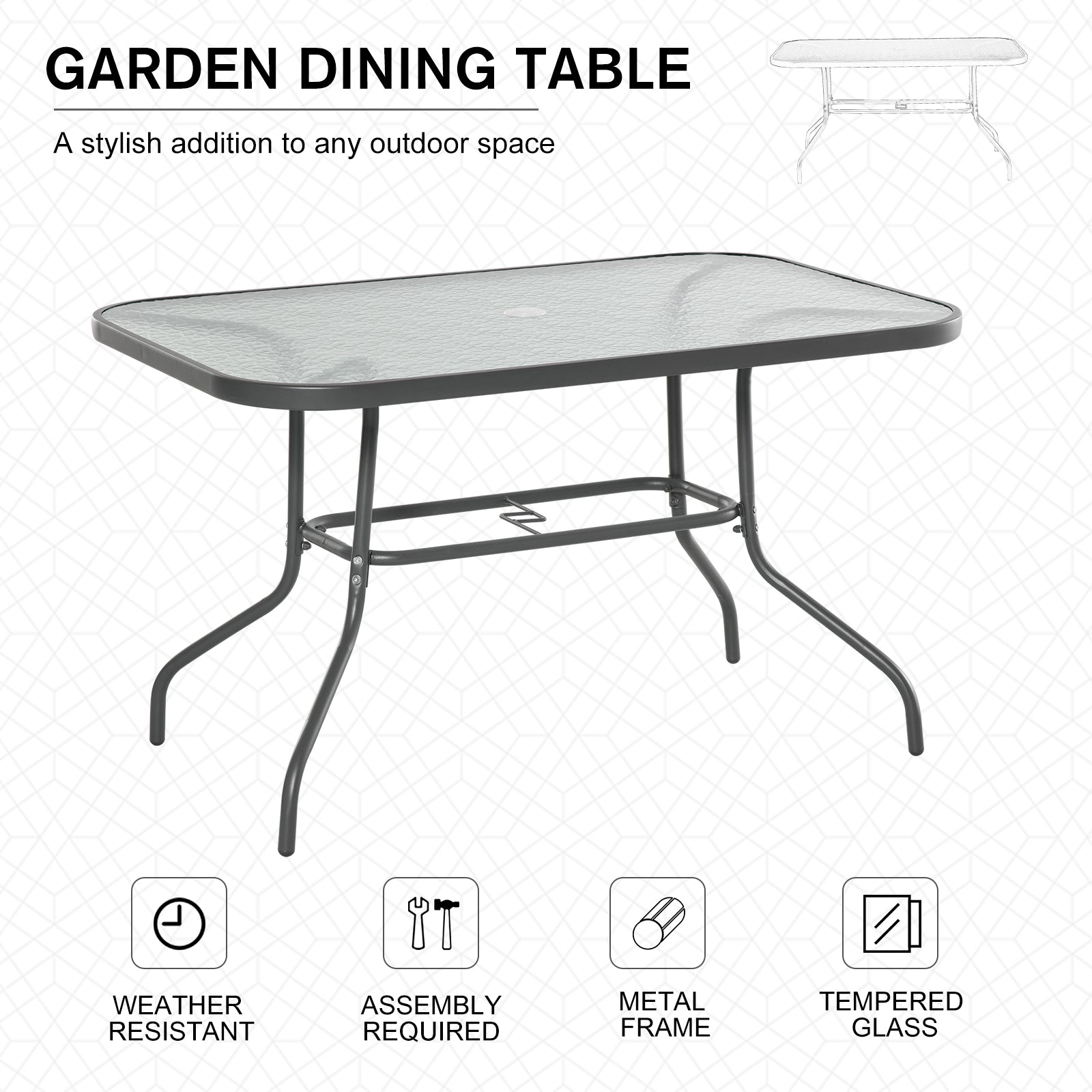 Metal Garden Dining Table with Umbrella Hole, Outdoor Patio Table with Tempered Glass Top, 47.25" x 31.5"