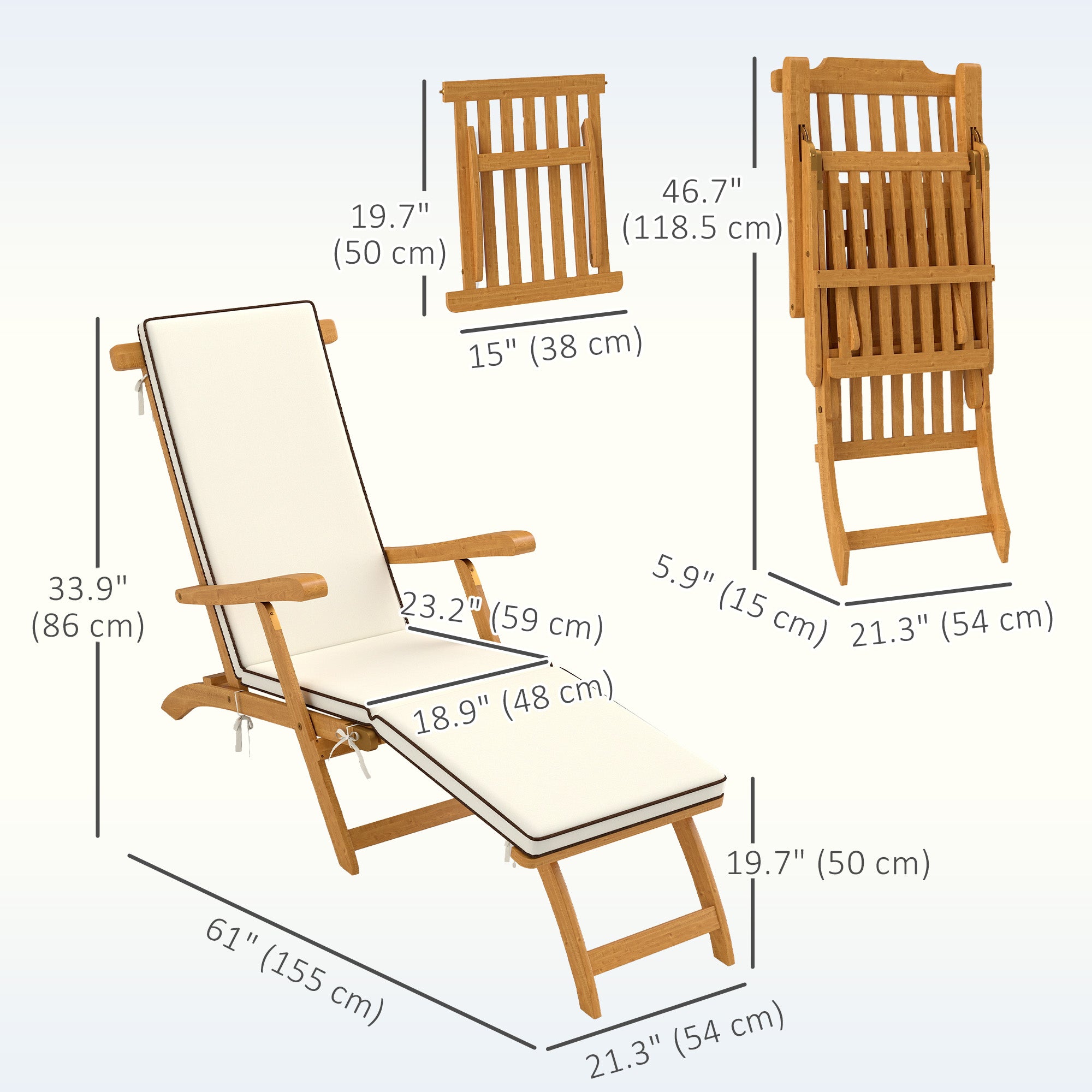 Folding Patio Lounge Chair with Padded Cushion, Acacia Wood Patio Lounger Recliner with Footrest for Garden, White