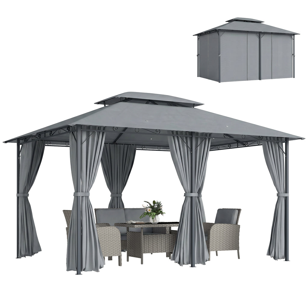 13'L x 10'W x 8.7'H Patio Gazebo Outdoor 2-Tiers Garden Canopy Yard Sunshade Shelter with Curtains, Grey
