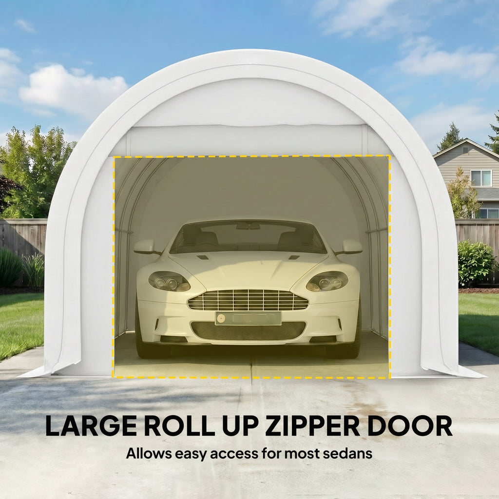 10' x 16' Heavy Duty Portable Carport Tent with Zippered Door, PE Cover for Car, Boat, Motorcycle, Bike, White