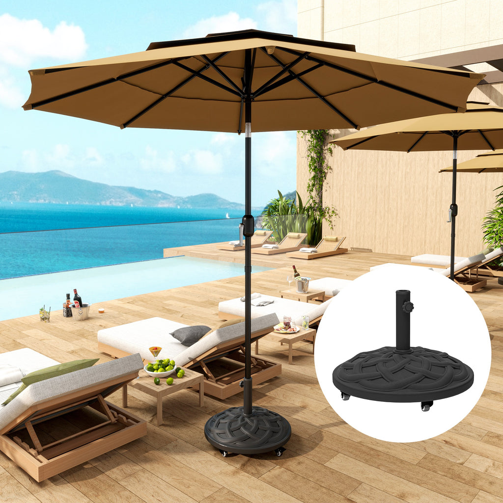Round Patio Umbrella Base with Wheels, 44 lbs Resin Umbrella Stand Base, 1.3"/1.5"/1.9" Umbrella Poles Black
