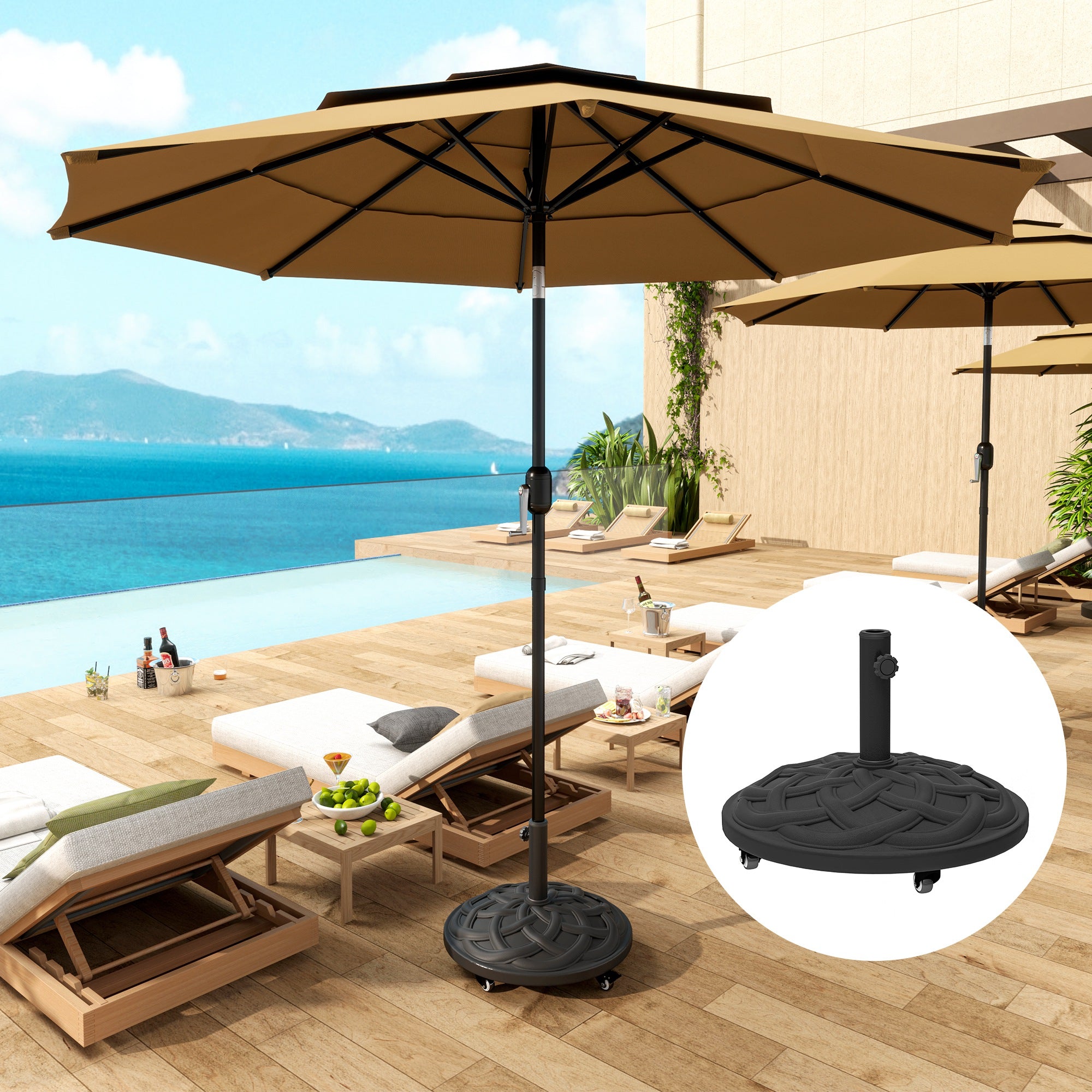 Round Patio Umbrella Base with Wheels, 44 lbs Resin Umbrella Stand Base, 1.3"/1.5"/1.9" Umbrella Poles Black