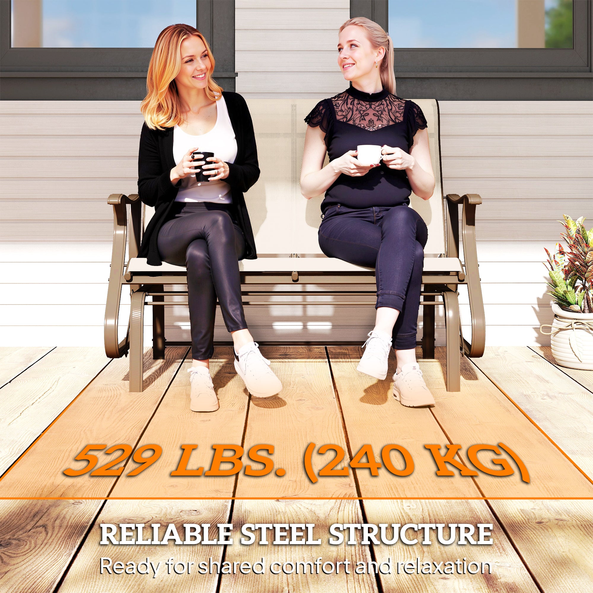 2-Person Outdoor Glider Chair, Patio Glider Rocking Chair with Mesh Seat and Backrest, Steel Frame for Outdoor, Backyard, Khaki