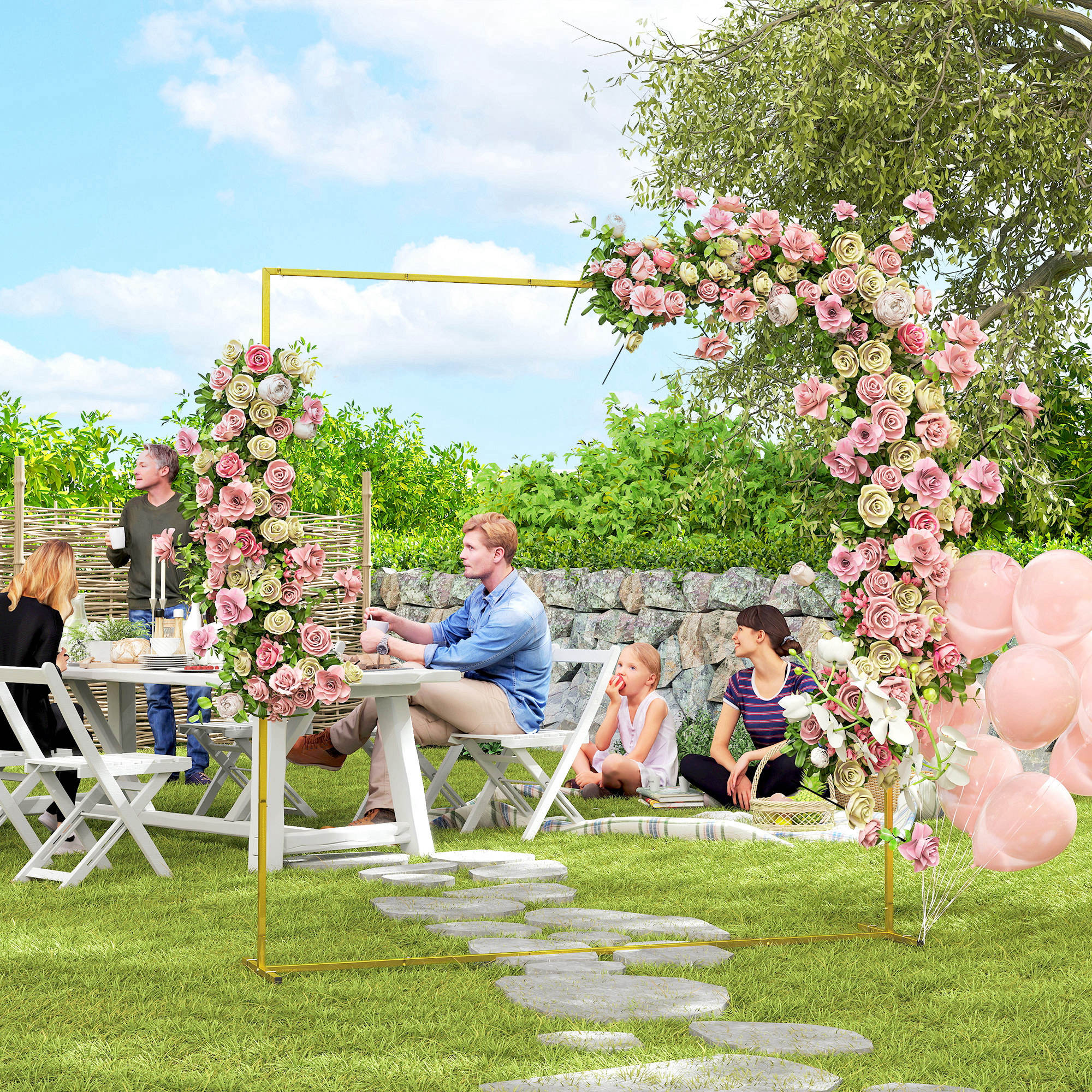 Wedding Arch Backdrop Stand, Square Wedding Arch with U-shaped Stakes, 6.6 FT Gold Metal Arch Frame