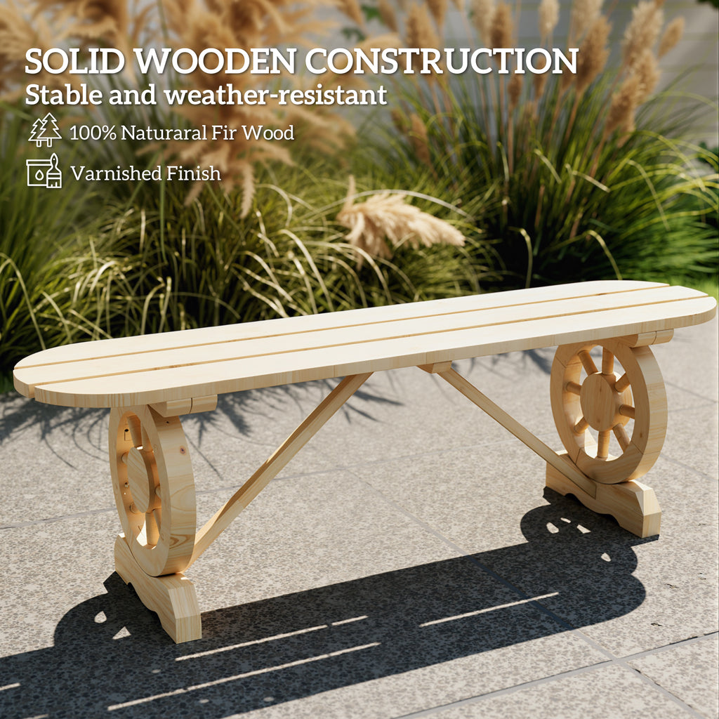 2-Person Outdoor Bench, Wood Garden Bench with Wagon Wheel Legs, Slatted Seat for Patio, Park, Backyard, Natural Wood