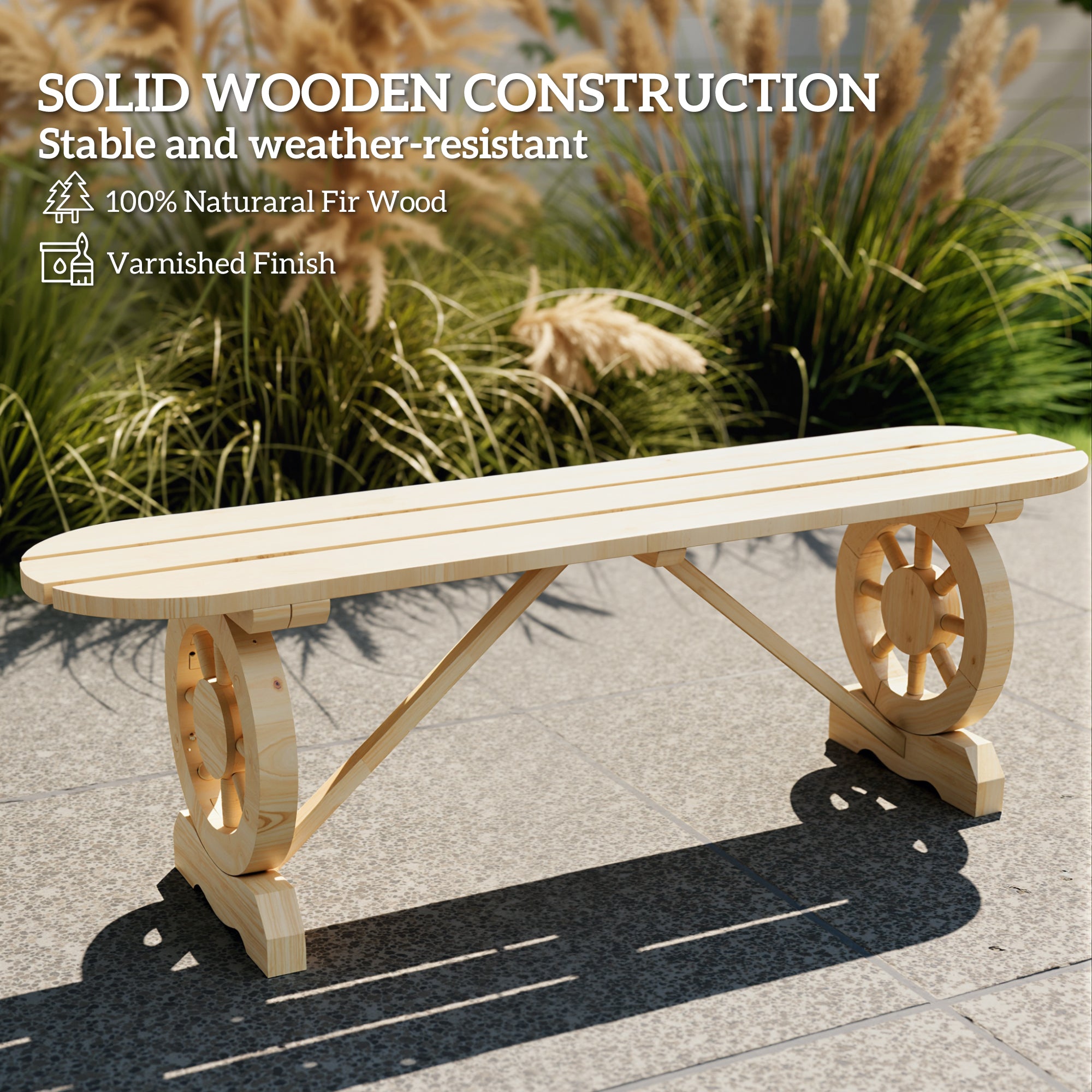 2-Person Outdoor Bench, Wood Garden Bench with Wagon Wheel Legs, Slatted Seat for Patio, Park, Backyard, Natural Wood