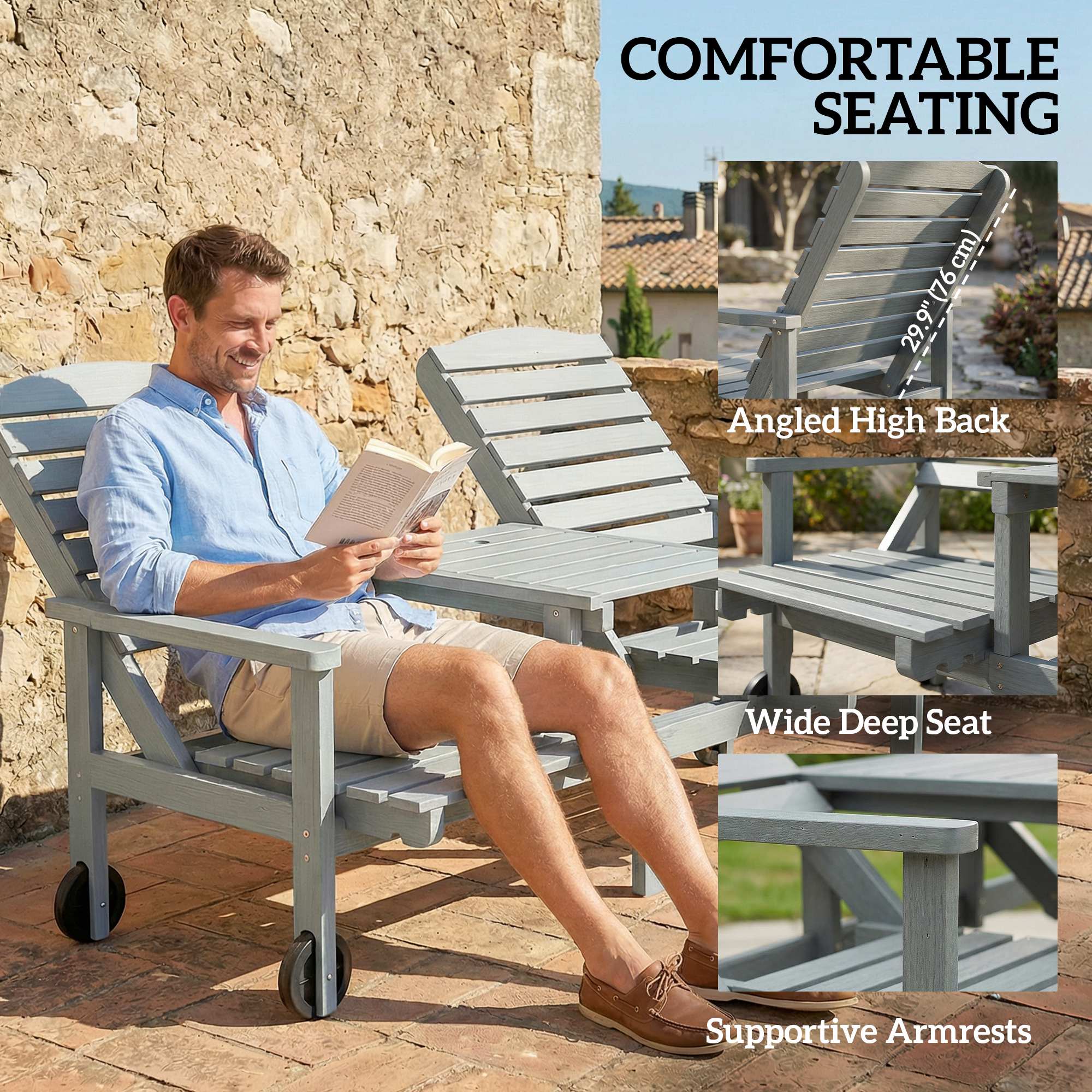 Outdoor Bench with Wheels and 3-Position Adjustable High Back, 2 Seater Outdoor Loveseat with Umbrella Hole, Grey
