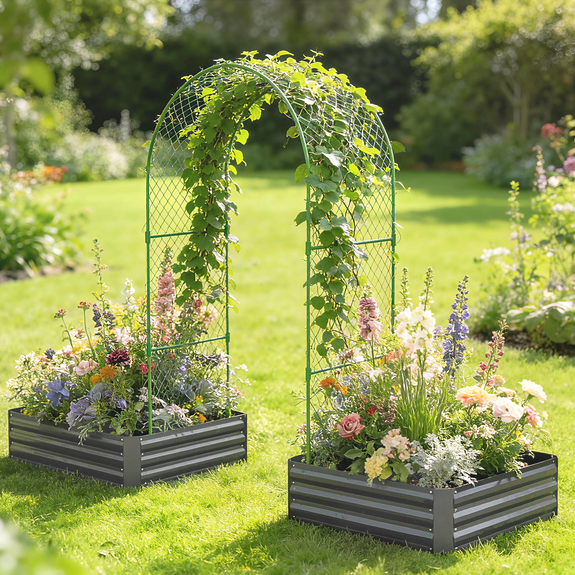 Metal Raised Garden Bed with Trellis, Galvanized Garden Bed Kit Outdoor Garden Box with Trellis, Dark Grey