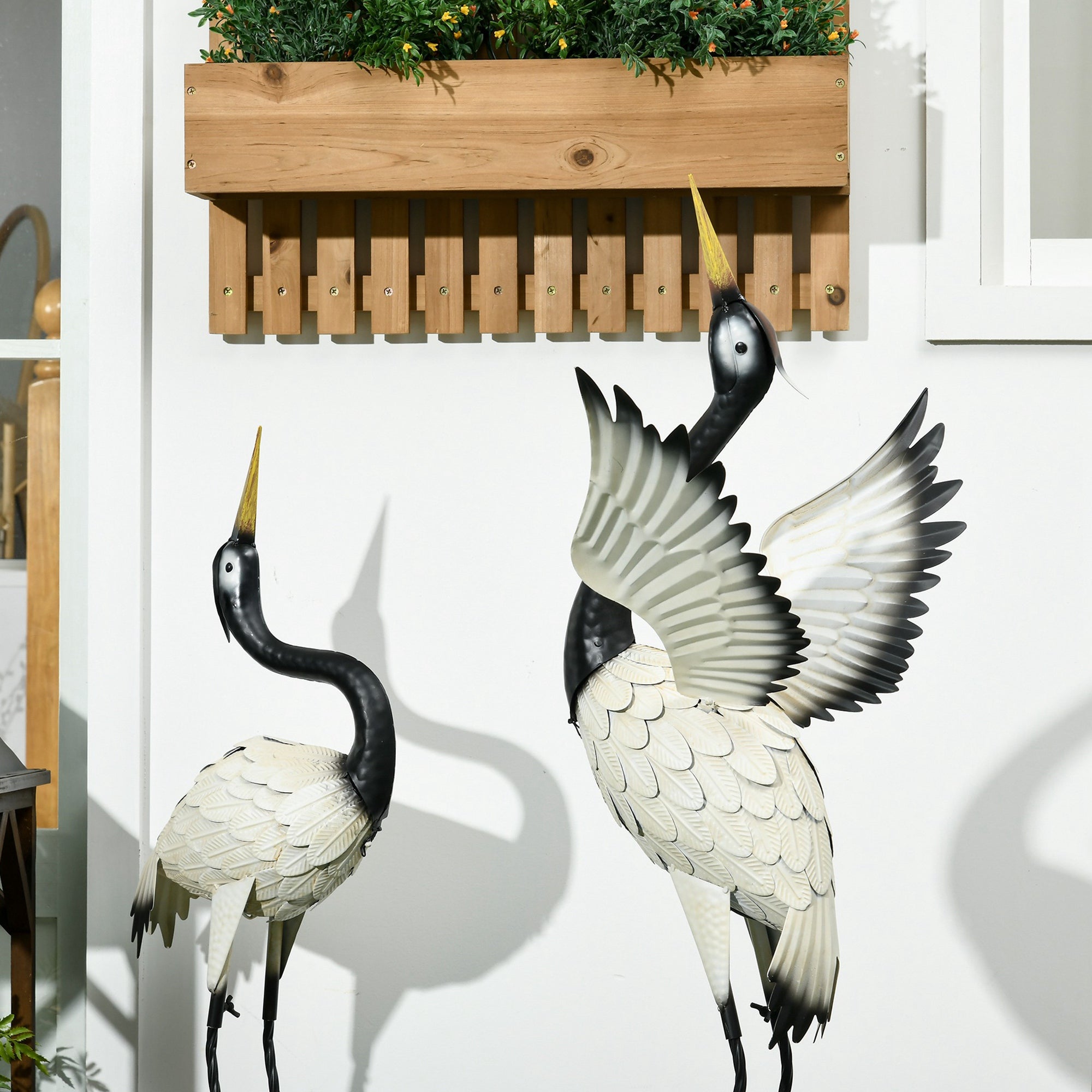 Set of 2 Garden Sculptures Heron Statues Lawn Patio Backyard Ornaments, 35.4"-40.6", White and Black