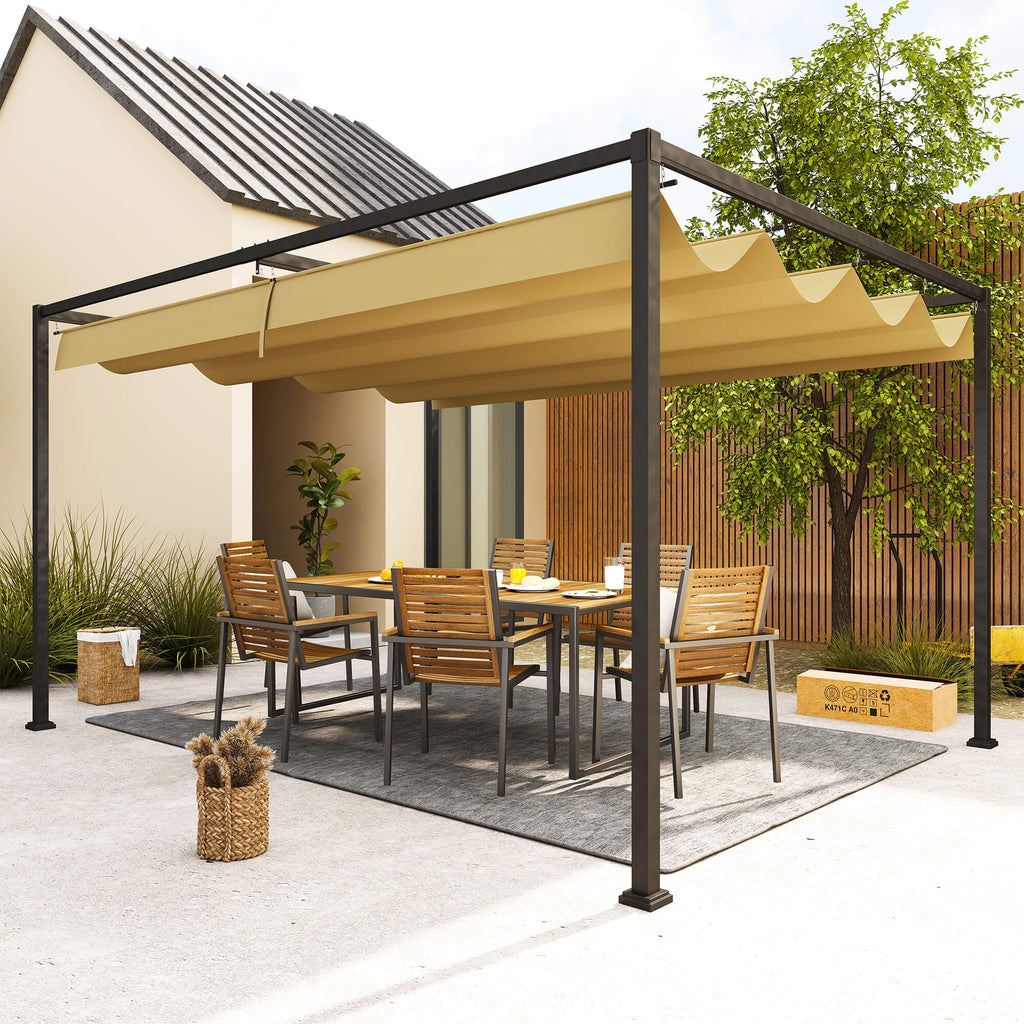 13' x 10' Patio Pergola with Retractable Canopy, Outdoor Sun Shelter, Yard Shade, Khaki