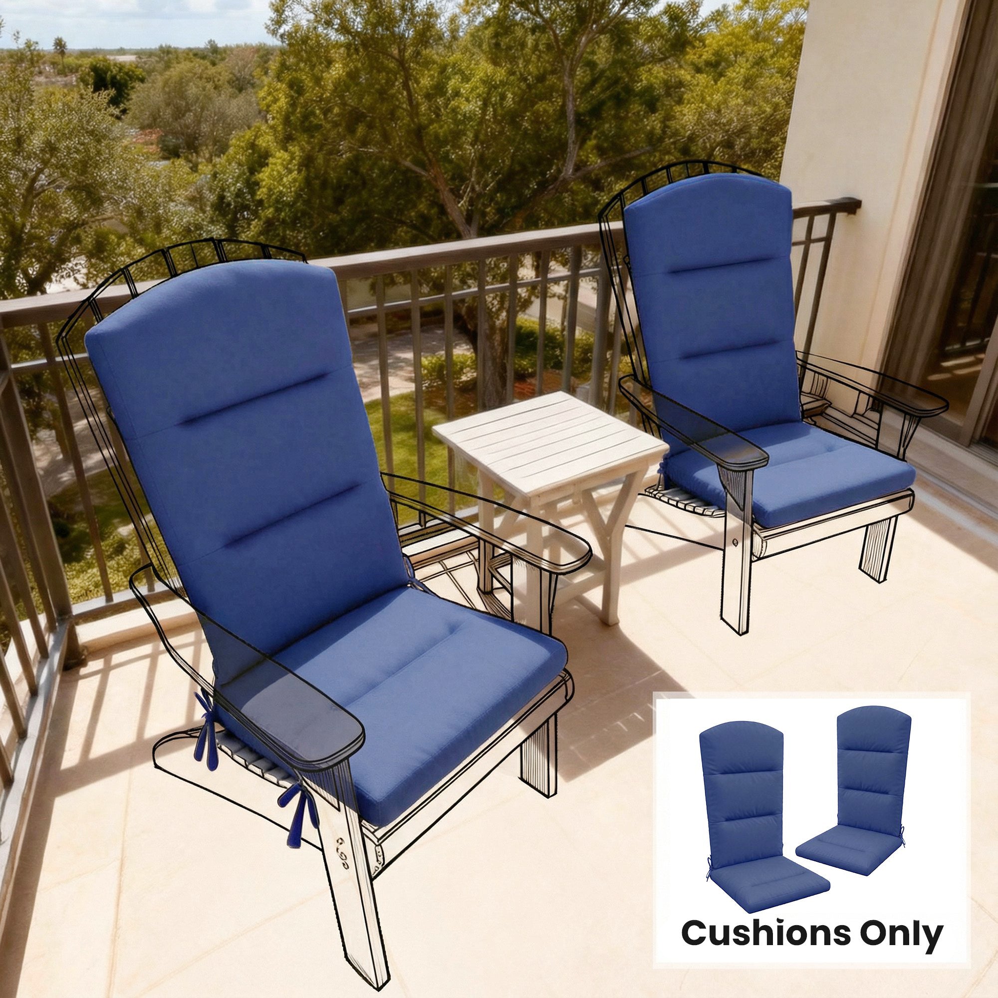 Patio Chair Cushions for Adirondack Chair Replacement Cushions with Back and Ties, Set of 2, Navy Blue