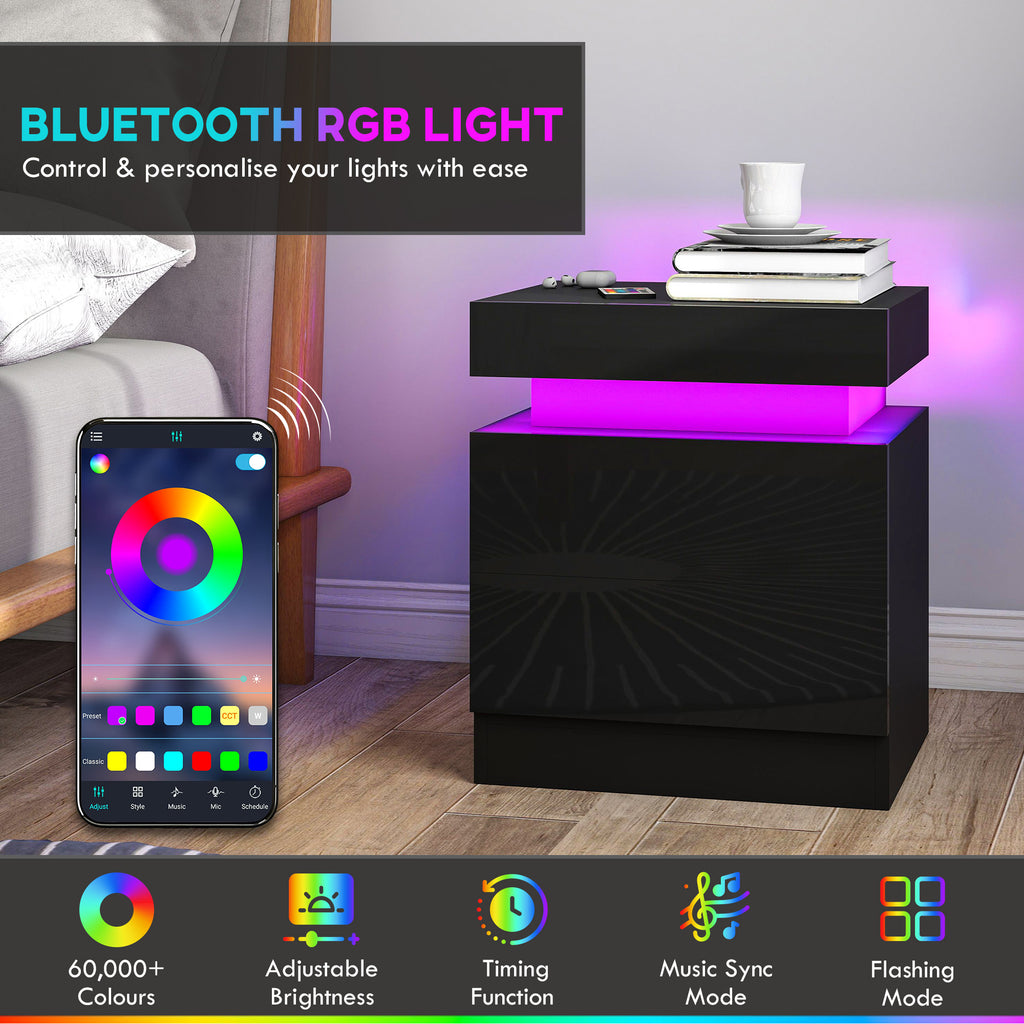 Nightstand Set of 2, End Side Tables with LED Lights, Bedside Tables with 2 Drawers, for Bedroom, Black