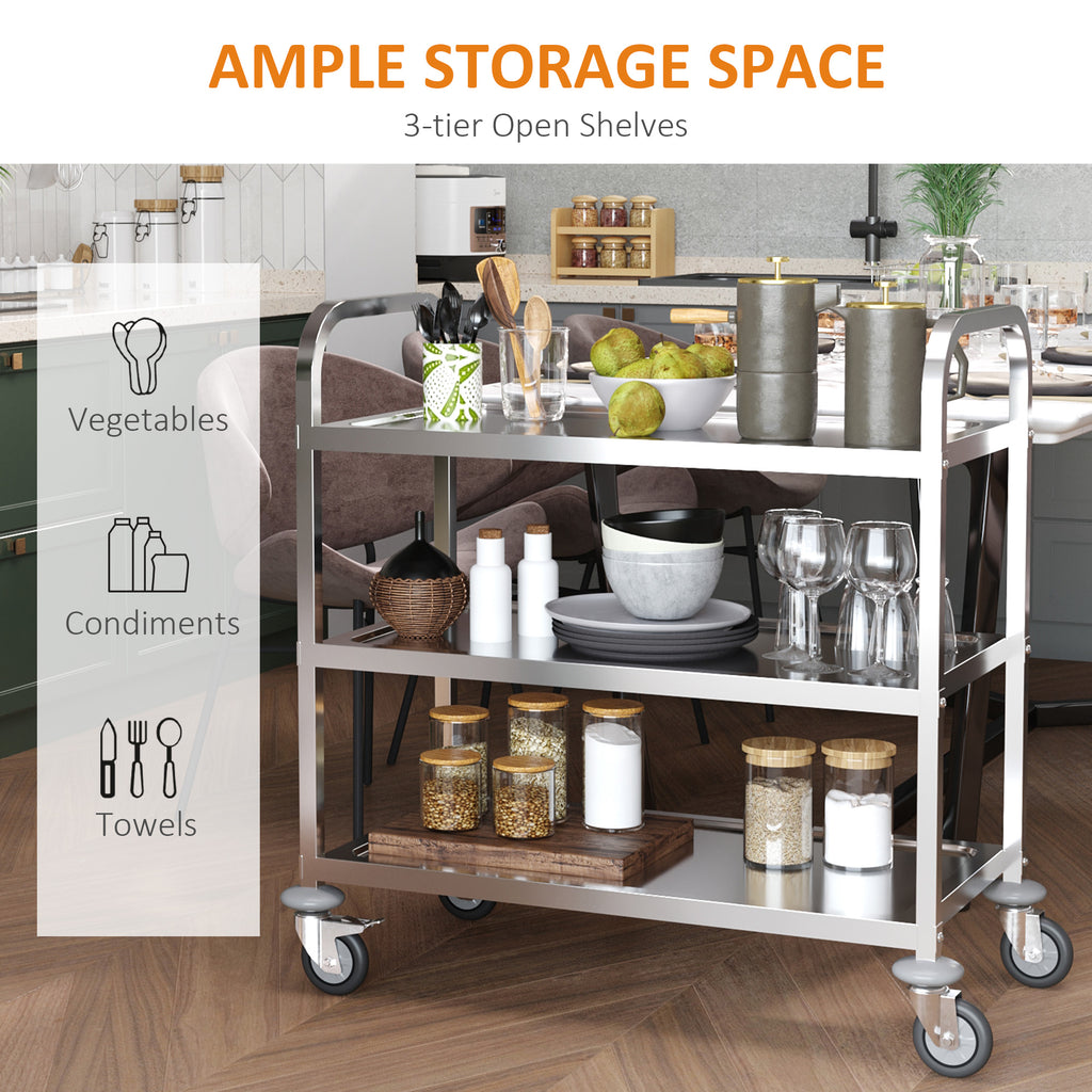 35.6" 3-Tier Kitchen Trolley Medical Treatment Laboratory Equipment Carts, Stainless Steel Rolling Kitchen Island, Wheeled Storage Utility Serving Cart, 330LBS Heavy Gauge