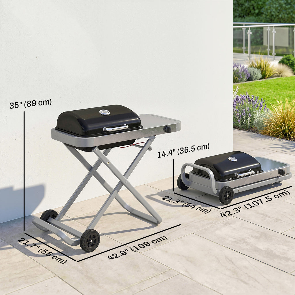 Portable Propane Gas BBQ Grill with Foldable Cart, Wheels, 9500 BTU Gas Barbecue Grill with Piezo Ignition Burner, Black