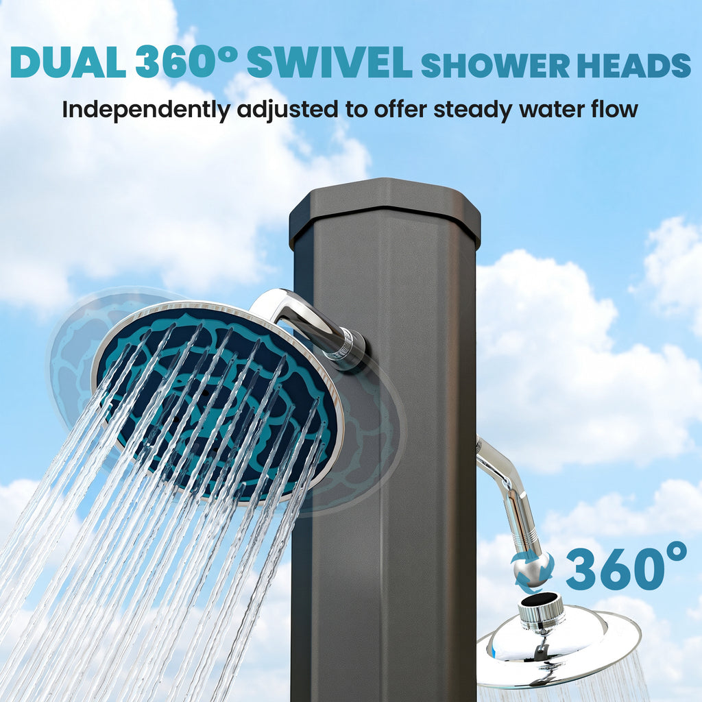 9.2 Gallon Solar Heated Outdoor Shower, 7.1ft with 2 Free-Rotating Shower Heads & Foot Showers for Poolside Beach Spa