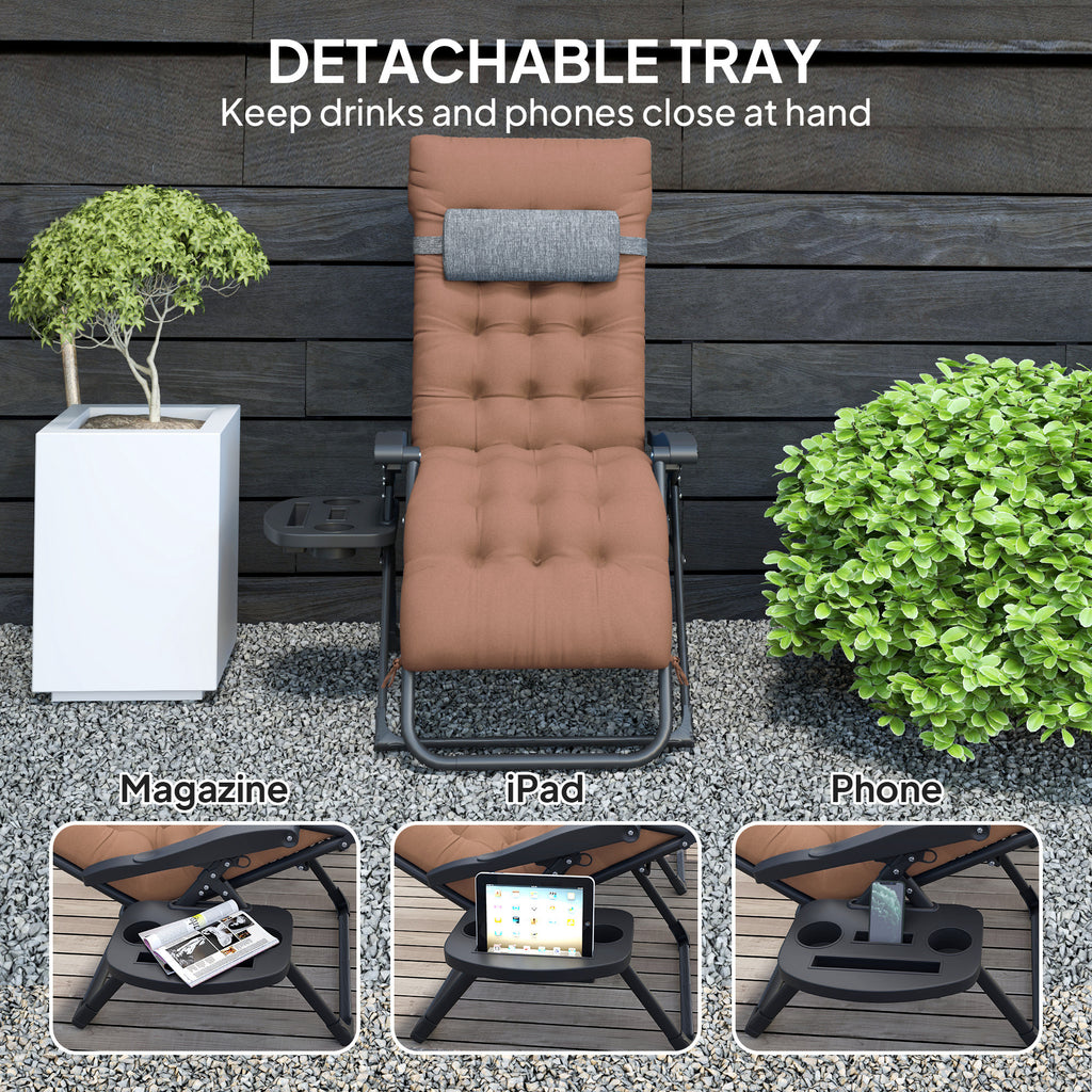 Padded Folding Recliner Chair, Patio Lounger with Cupholder, Adjustable Backrest, Removable Cushion, Khaki