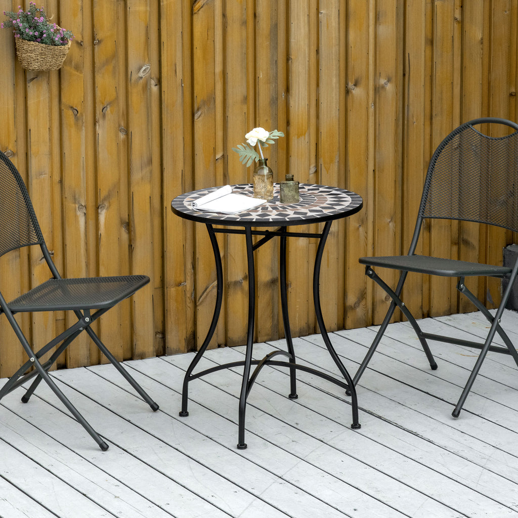 Mosaic Patio Table, Round Coffee Table with Metal Frame, Garden Furniture for Outdoor, Poolside, Black