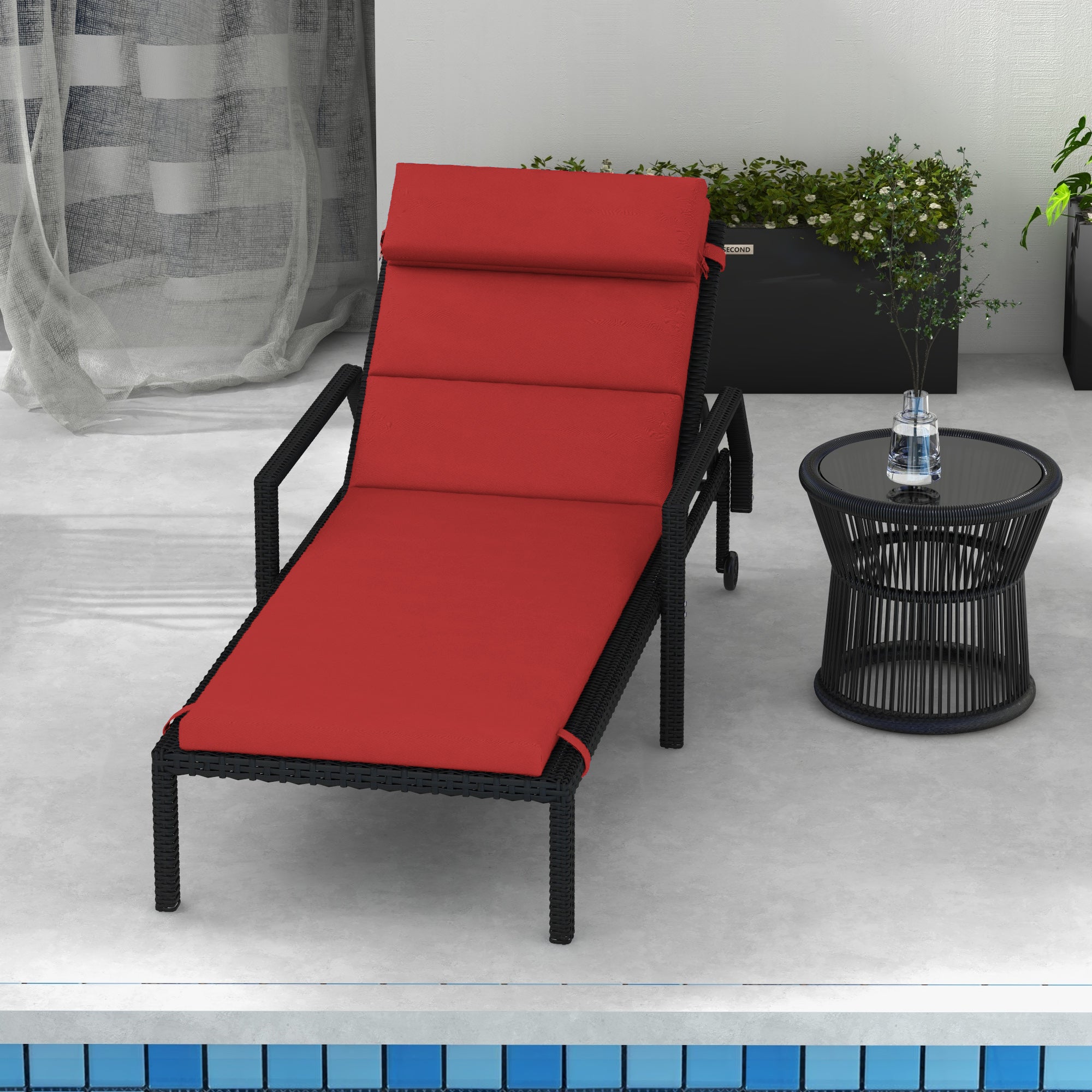 Patio Chaise Lounge Chair Cushion Replacement Sun Lounger Pads with Headrest and Ties, Wine Red