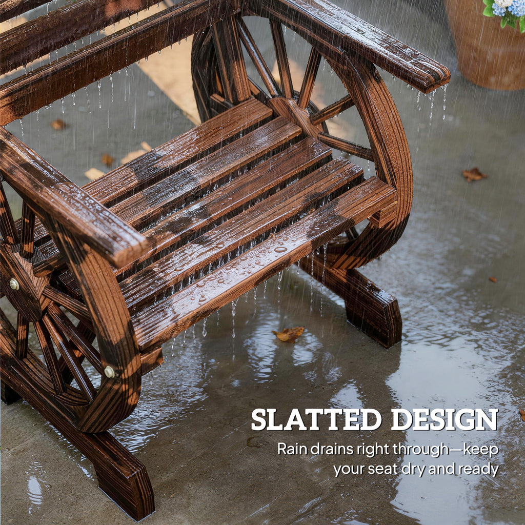 Wood Outdoor Patio Chair, Lounge Chair with Wagon Wheel Armrests, Slatted Wide Seat, Slanted Backrest, Carbonized