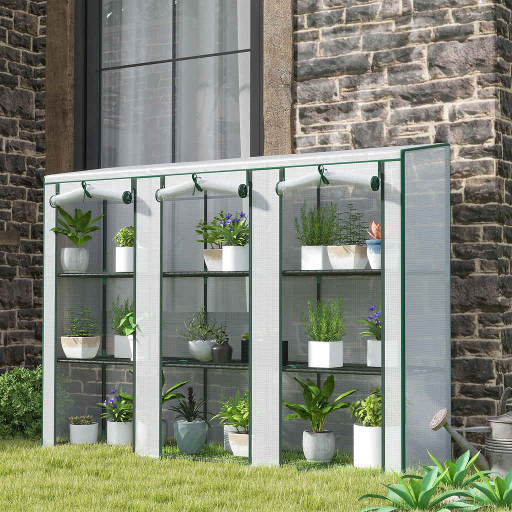 Lean-to Greenhouse with 3 Tier Shelves, Mini Greenhouse with 3 Roll-Up Doors for Indoor Outdoor, White