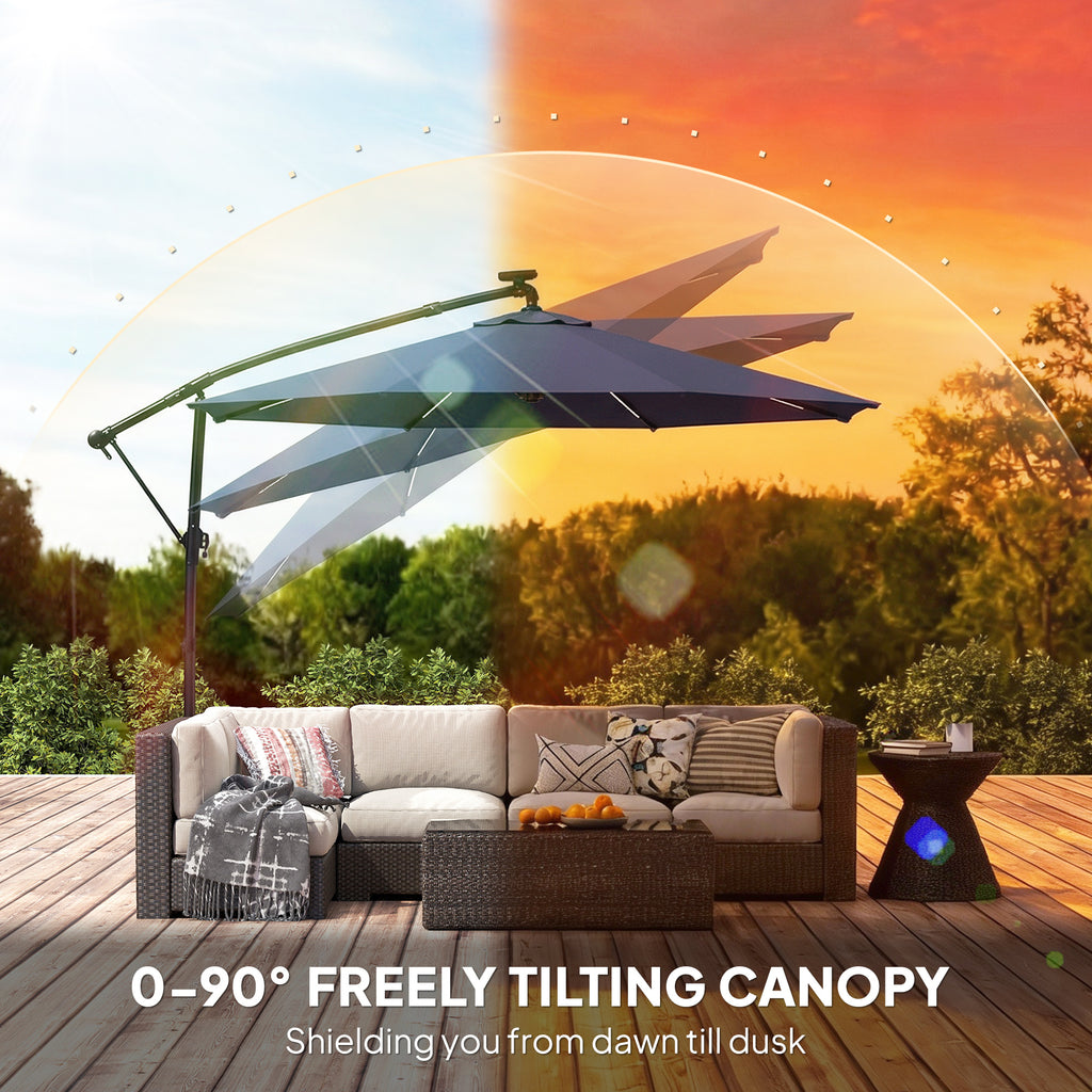 10 ft Offset Patio Umbrella with Solar Light, Garden Hanging Parasol with 360Â° Rotation, Tilt, Cover, Navy Blue
