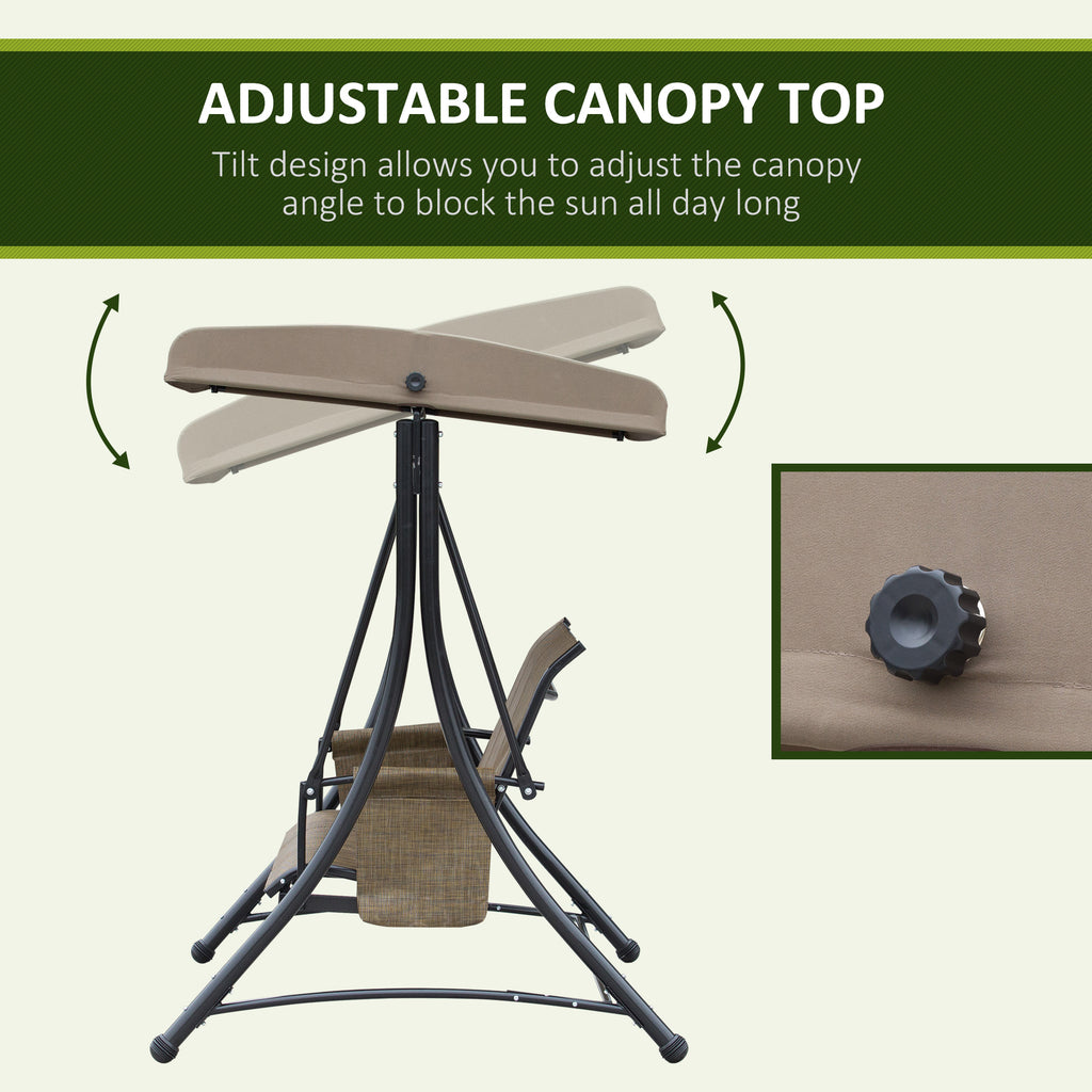 3 Person Porch Swing Outdoor Swing Chair with High Back Design, Side Pouches and Adjustable Canopy, Brown