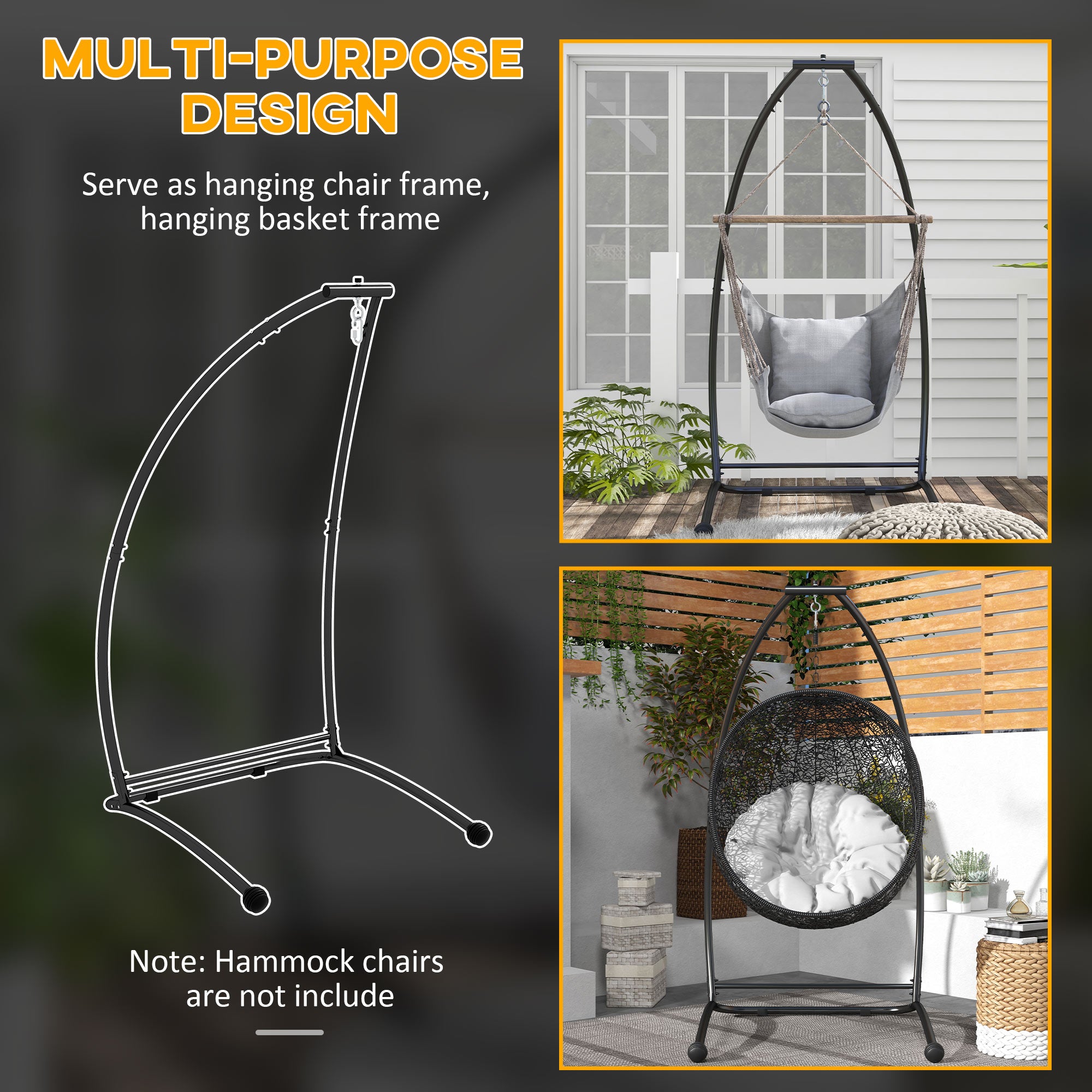 Hanging Hammock Chair Stand Only, C Shape Hanging Heavy Duty Metal Frame Swing Stand for Porch Swing Chair, Black