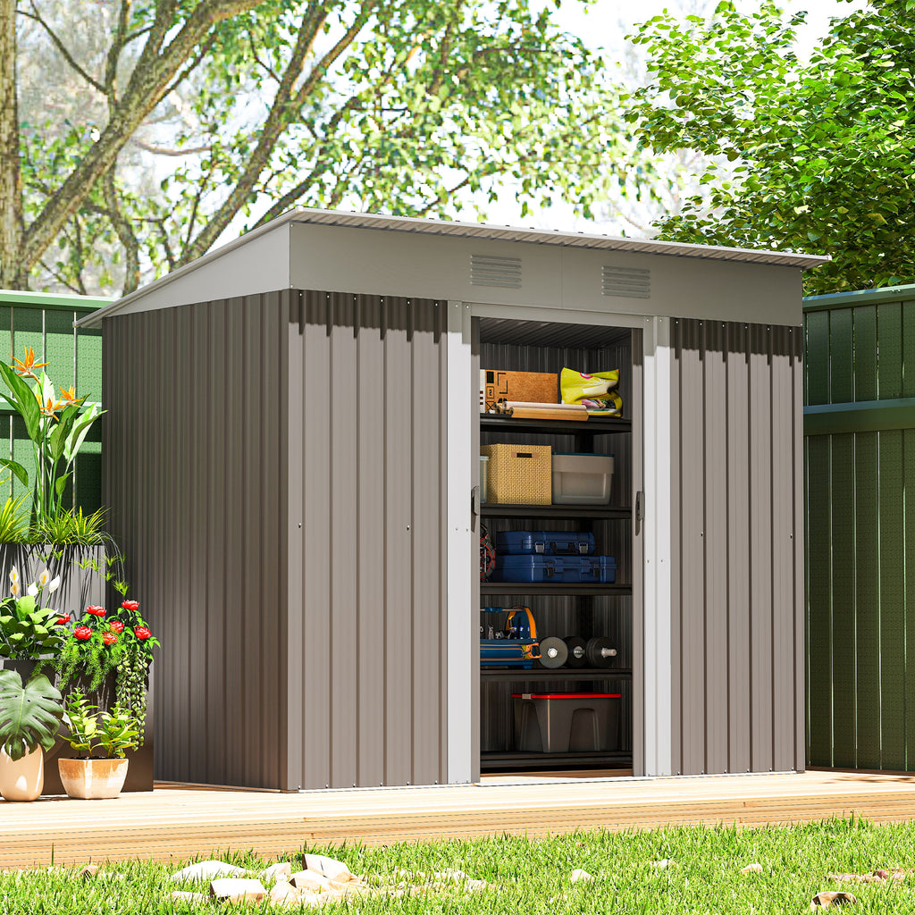 7' x 4' Outdoor Storage Shed, Metal Garden Tool Storage House Organizer with Lockable Sliding Doors and Vents for Backyard Patio Lawn, Light Grey
