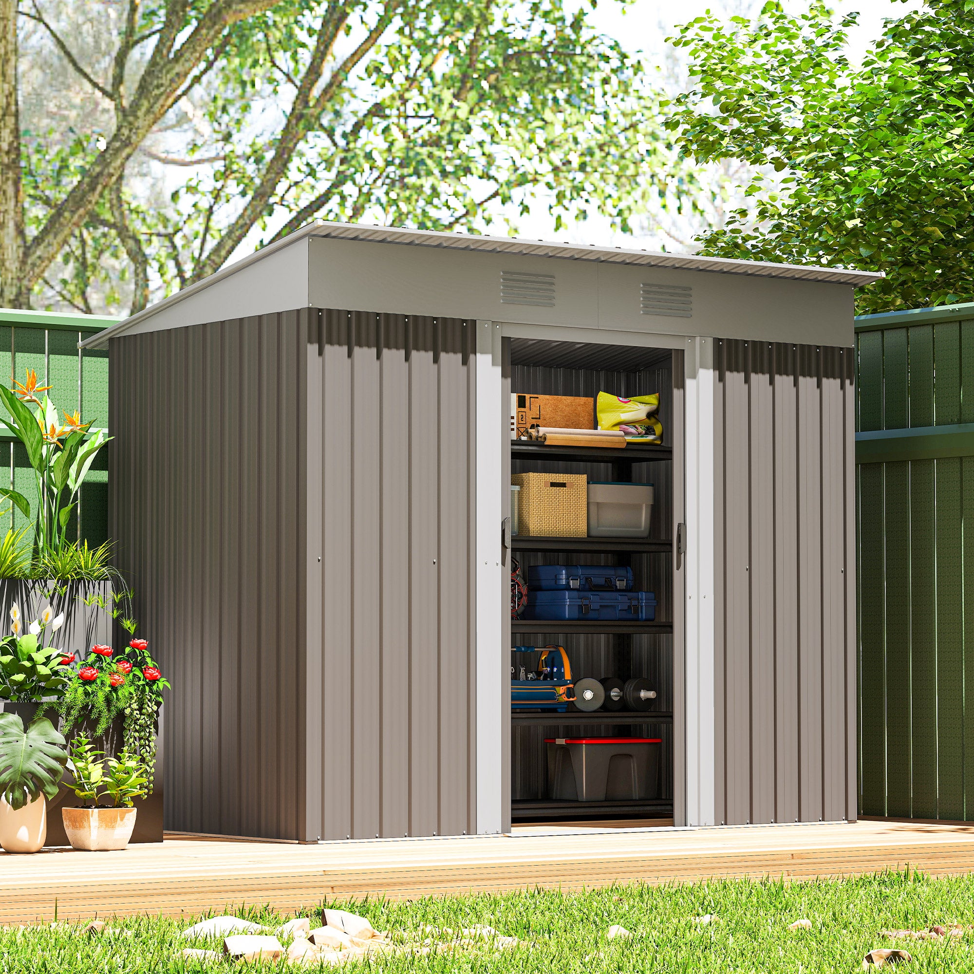 7' x 4' Outdoor Storage Shed, Metal Garden Tool Storage House Organizer with Lockable Sliding Doors and Vents for Backyard Patio Lawn, Light Grey