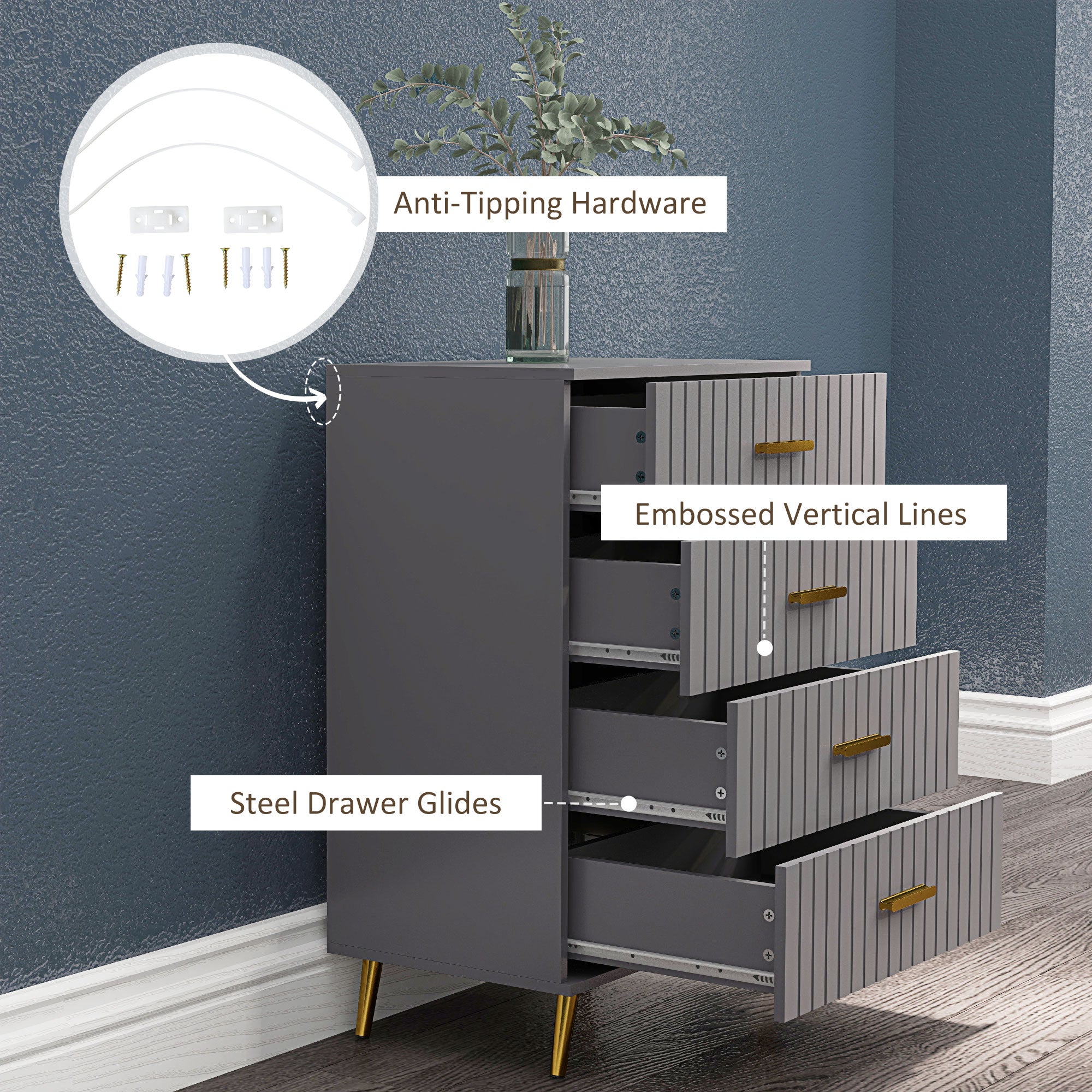 4 Drawer Cabinet, Drawer Chest for Bedroom, Chest of Drawers with Aluminium Legs and Gold Handles, Dark Grey