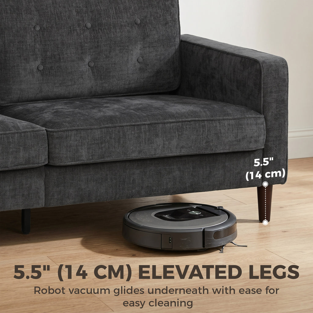 3 Seater Sofa Upholstered with Padded Cushion Modern Button Tufted Couch with Wood Legs, Dark Grey
