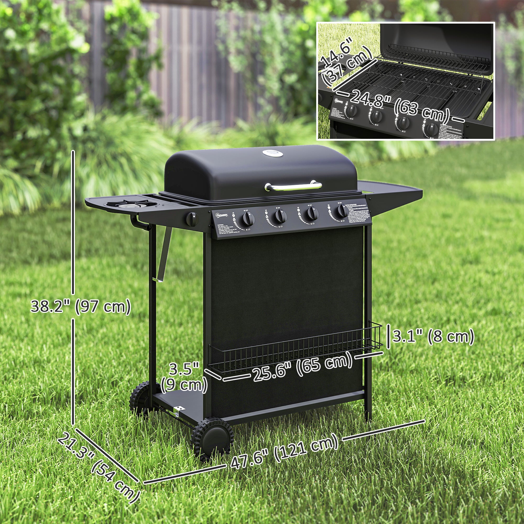 4+1 Burner Propane Gas BBQ Grill, Portable Gas Barbecue Grill with Side Burner, Thermometer, Lid, Side Table, Shelf, Spice Rack, Wheels, Grease Cup for Garden, Black