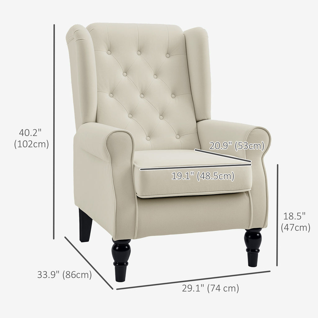 Fabric Accent Chair, Button Tufted Armchair, Upholstered Modern Living Room Chair, Wingback Chair with Wood Legs, Rolled Arms, Thick Padding for Bedroom, White