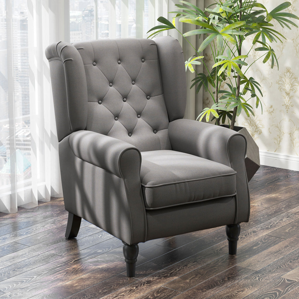 Fabric Accent Chair, Button Tufted Armchair, Armchair with Wood Legs, Thick Padding for Bedroom, Charcoal Grey