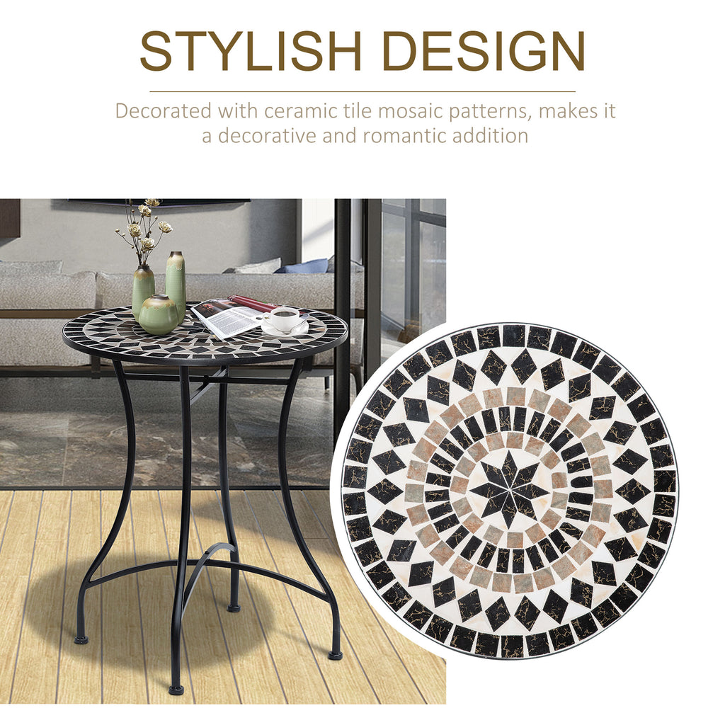 Mosaic Patio Table, Round Coffee Table with Metal Frame, Garden Furniture for Outdoor, Poolside, Black