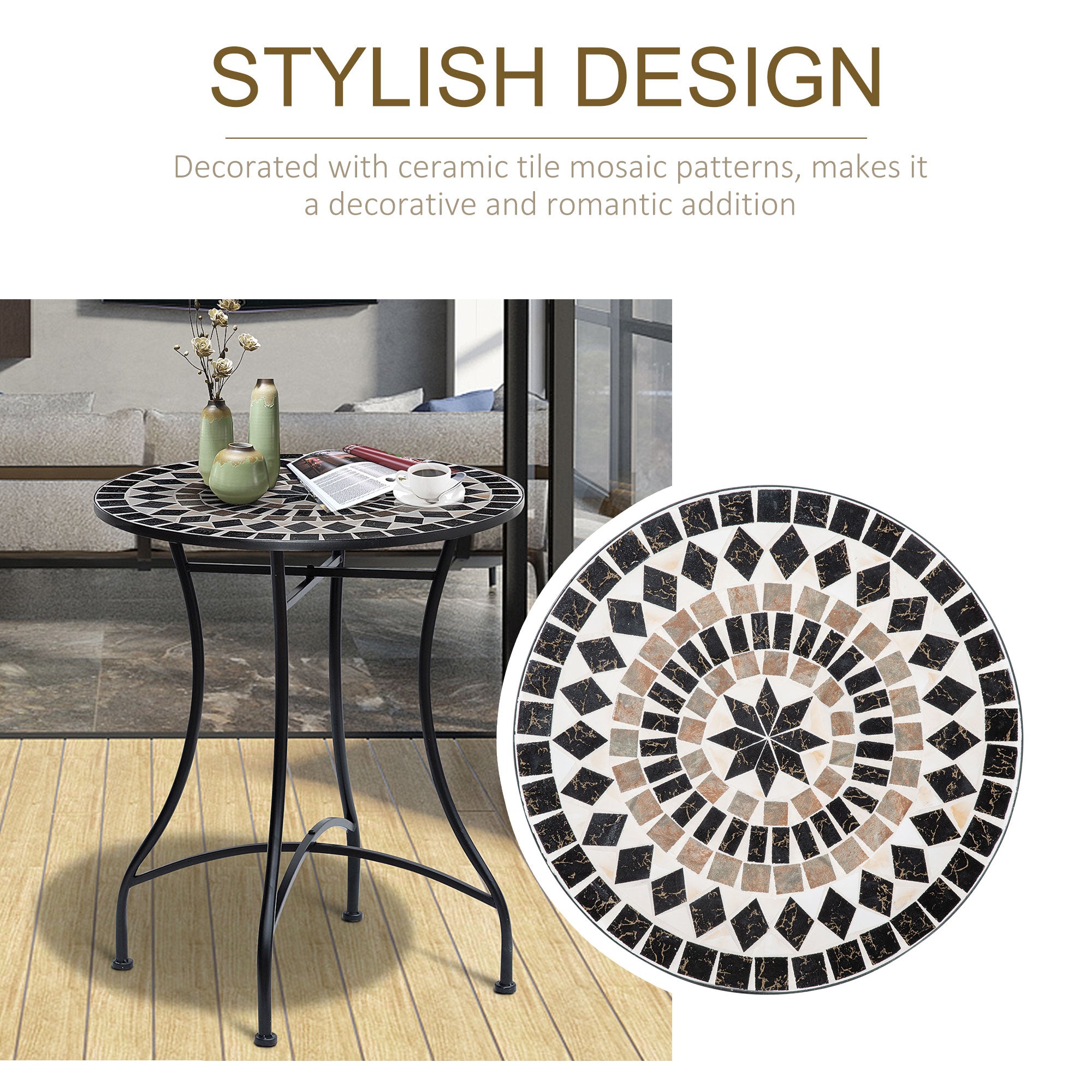 Mosaic Patio Table, Round Coffee Table with Metal Frame, Garden Furniture for Outdoor, Poolside, Black