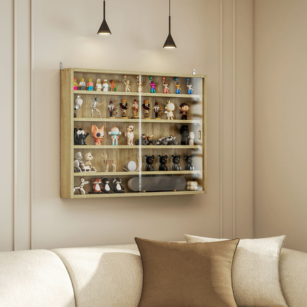 5-storey Display Cabinet, Shot Glass Display Case, Glass Curio Cabinet with 2 Glass Doors and 4 Adjustable Shelves, Oak