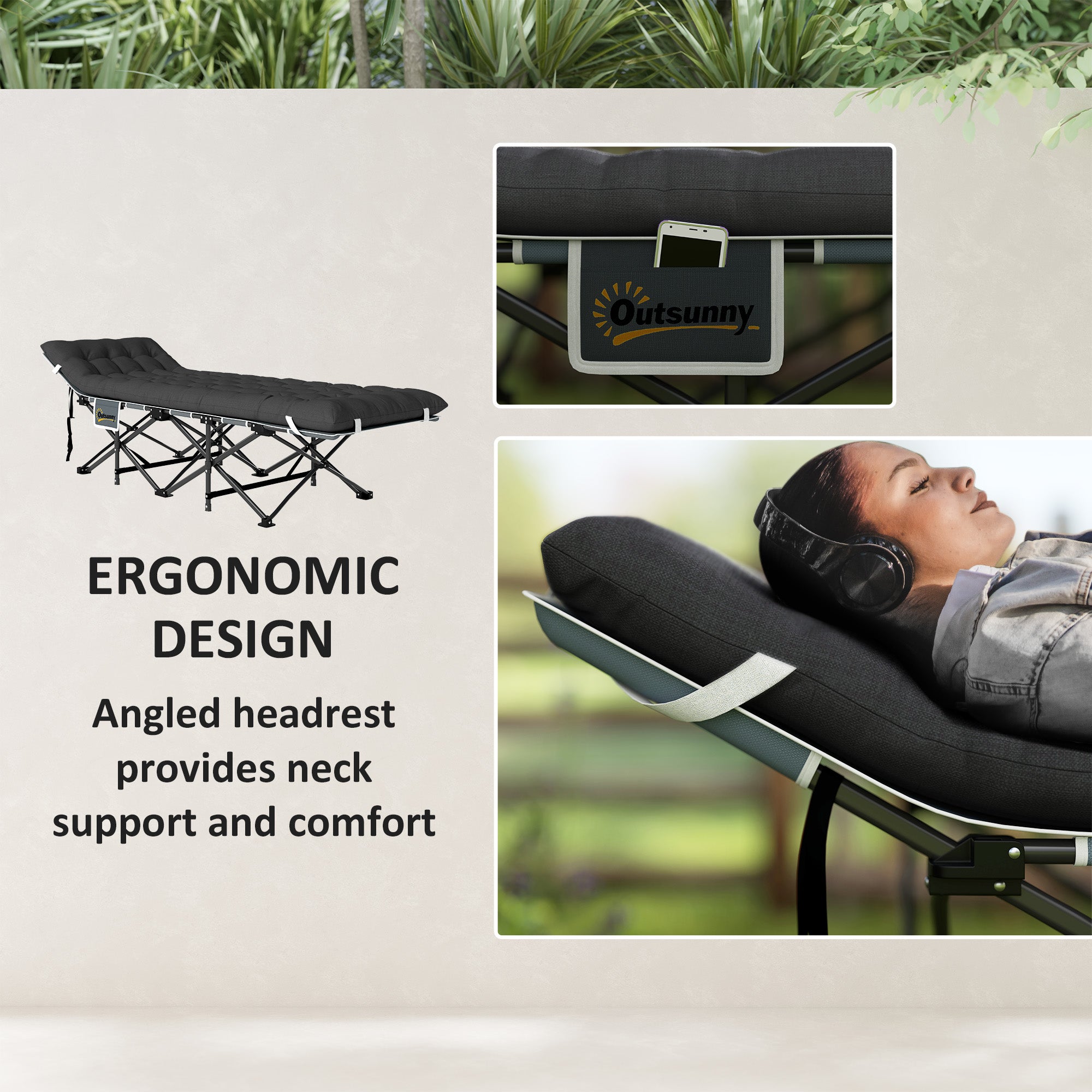 26.8" Wide Folding Bed, Camping Cot for Adults with Cushion, Carry Bag, Max Load 330 LBS, Black