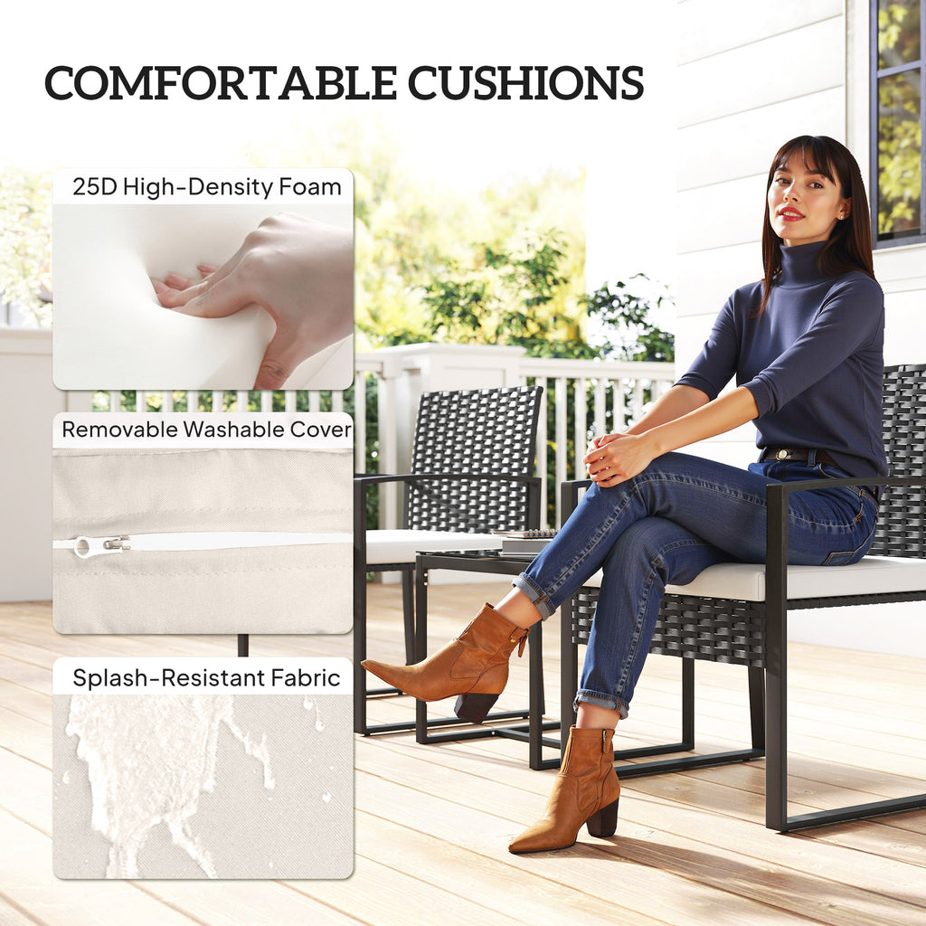 Outdoor Bistro Set, 3 Piece Wicker Patio Furniture Set with Glass Top Table and Cushions for Porch, Balcony, Cream White