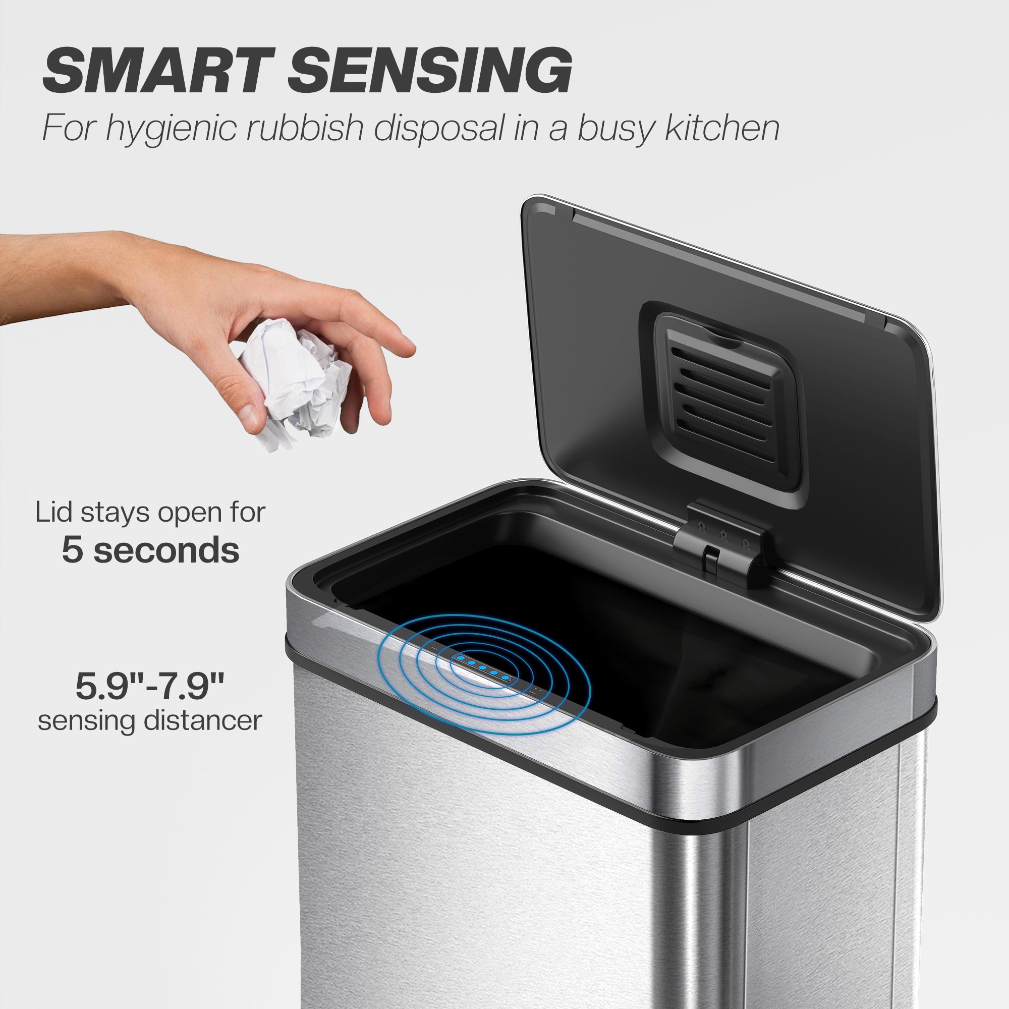 13.2 Gallon Sensor Can, Automatic Garbage Can with Soft-Close Lid, Fingerprint-Proof Stainless Steel, Silver