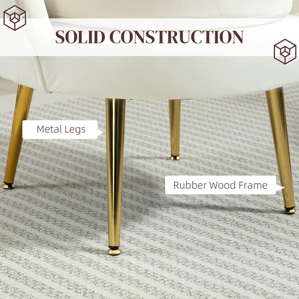 Modern Accent Chair, Velvet-Touch Fabric Leisure Club Chair with Gold Metal Legs for Bedroom, Cream White
