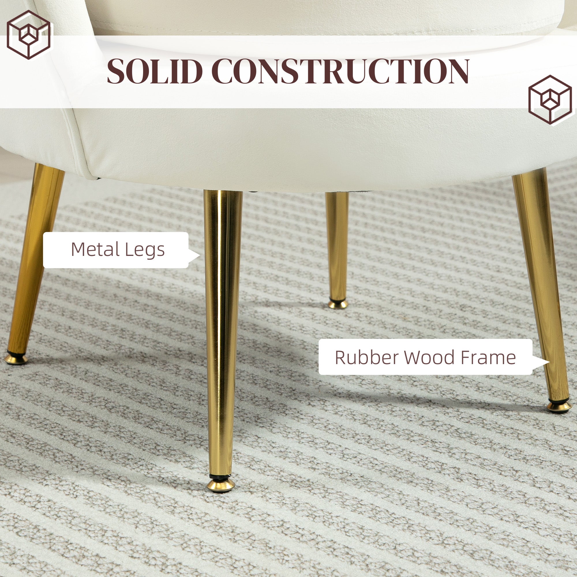 Modern Accent Chair, Velvet-Touch Fabric Leisure Club Chair with Gold Metal Legs for Bedroom, Cream White